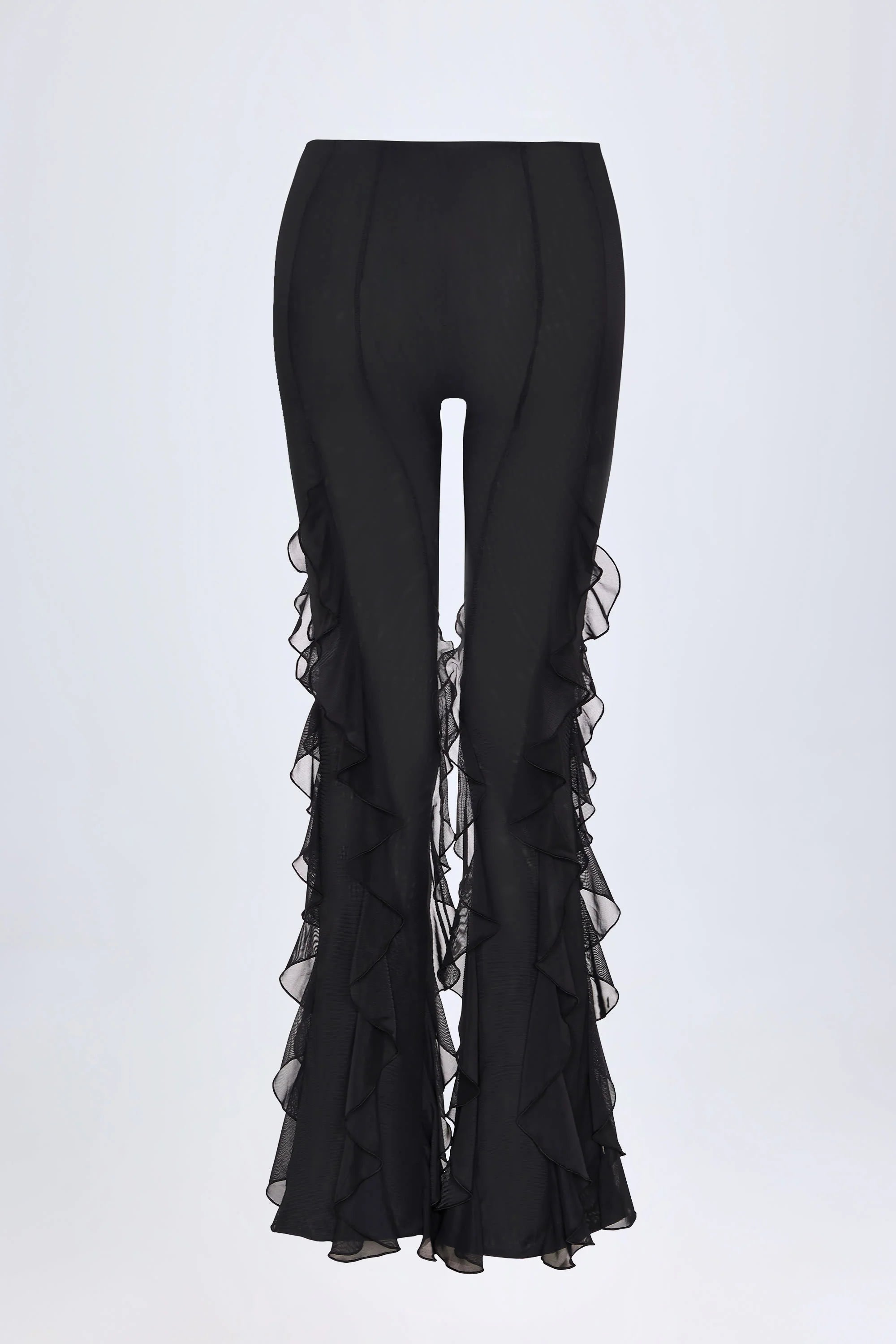 Ruffled Mid Rise Flared Trousers in Black