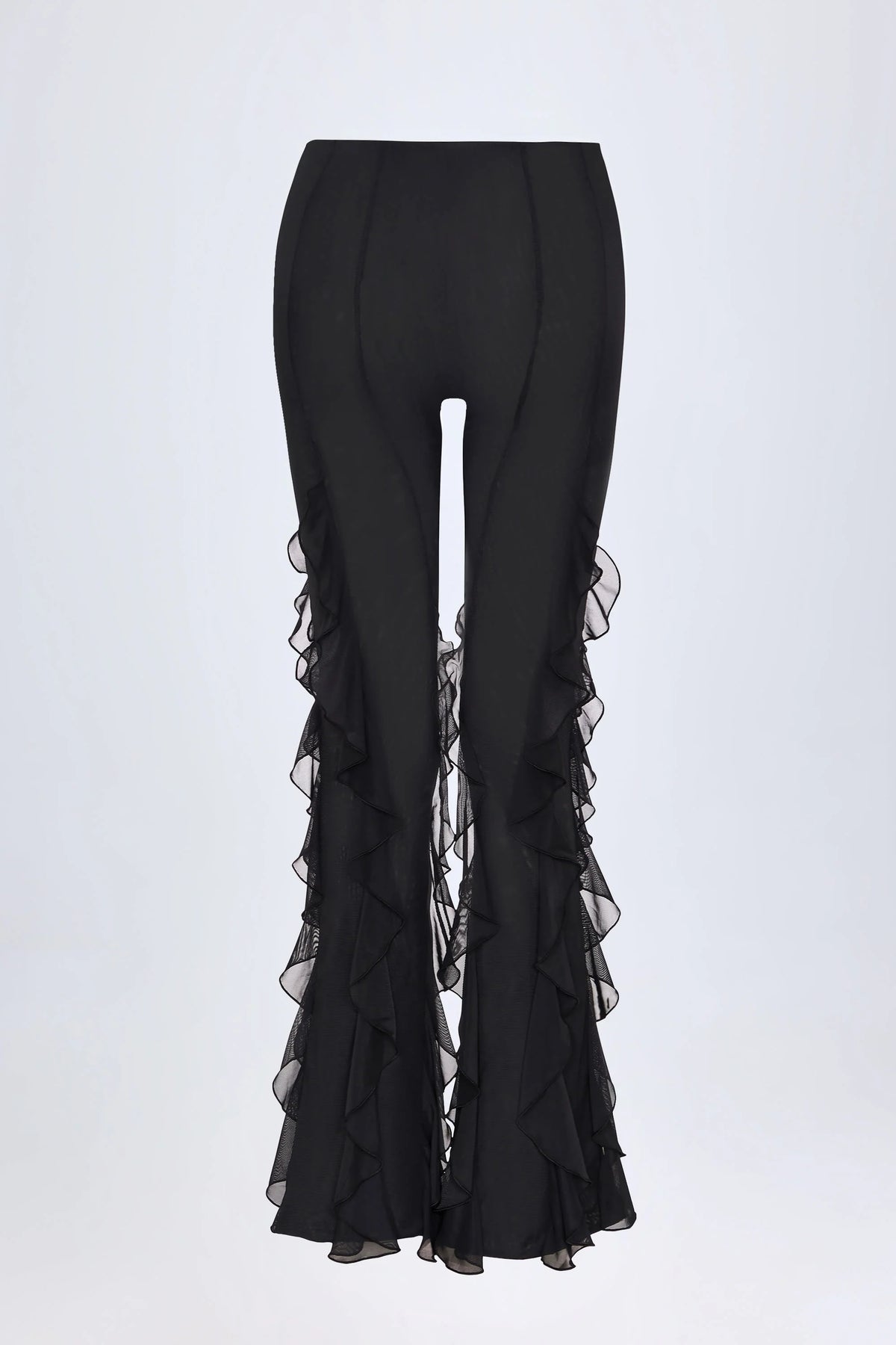 Ruffled Mid Rise Flared Trousers in Black