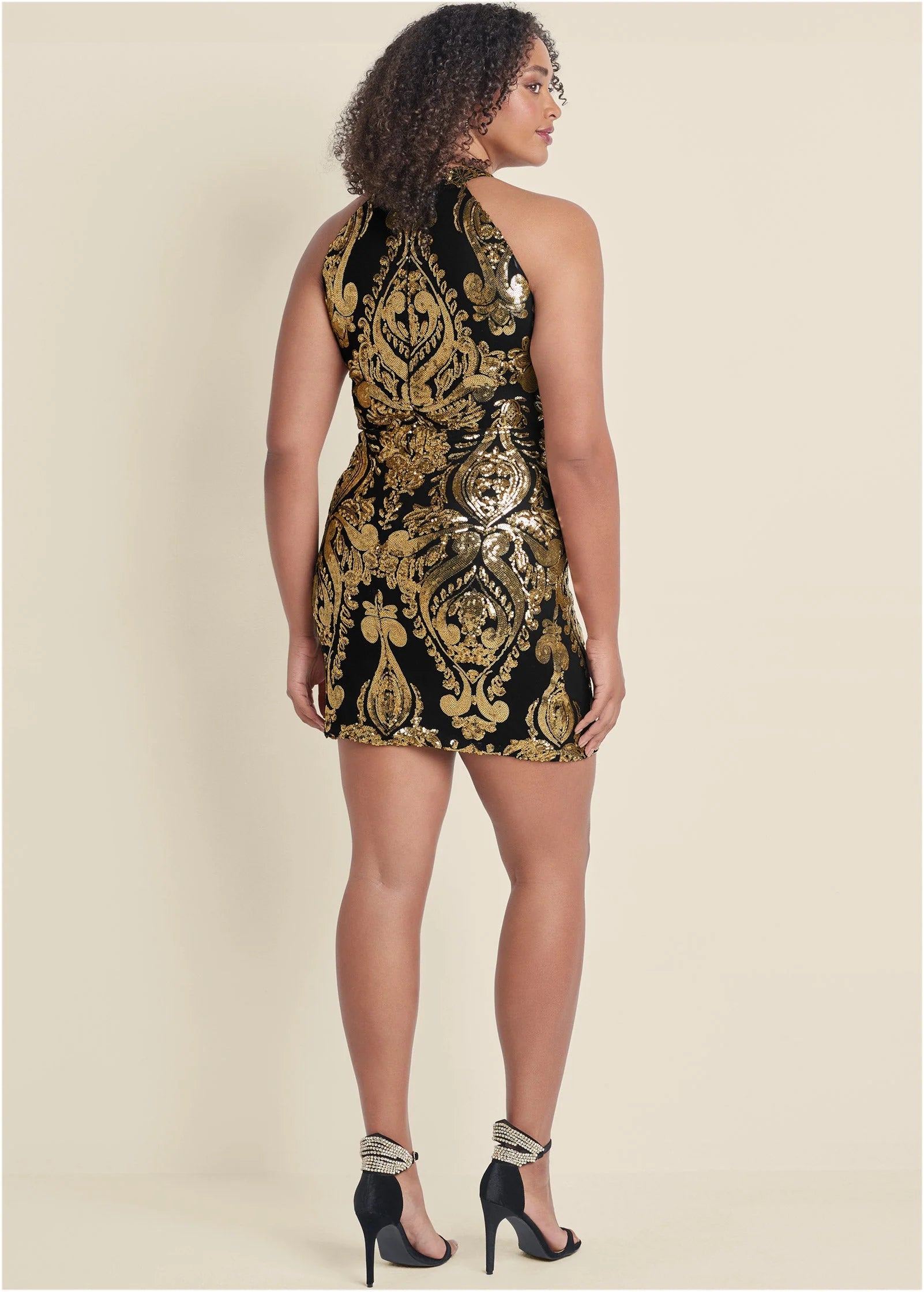 Embroidered Sequin Mini Dress Black Gold