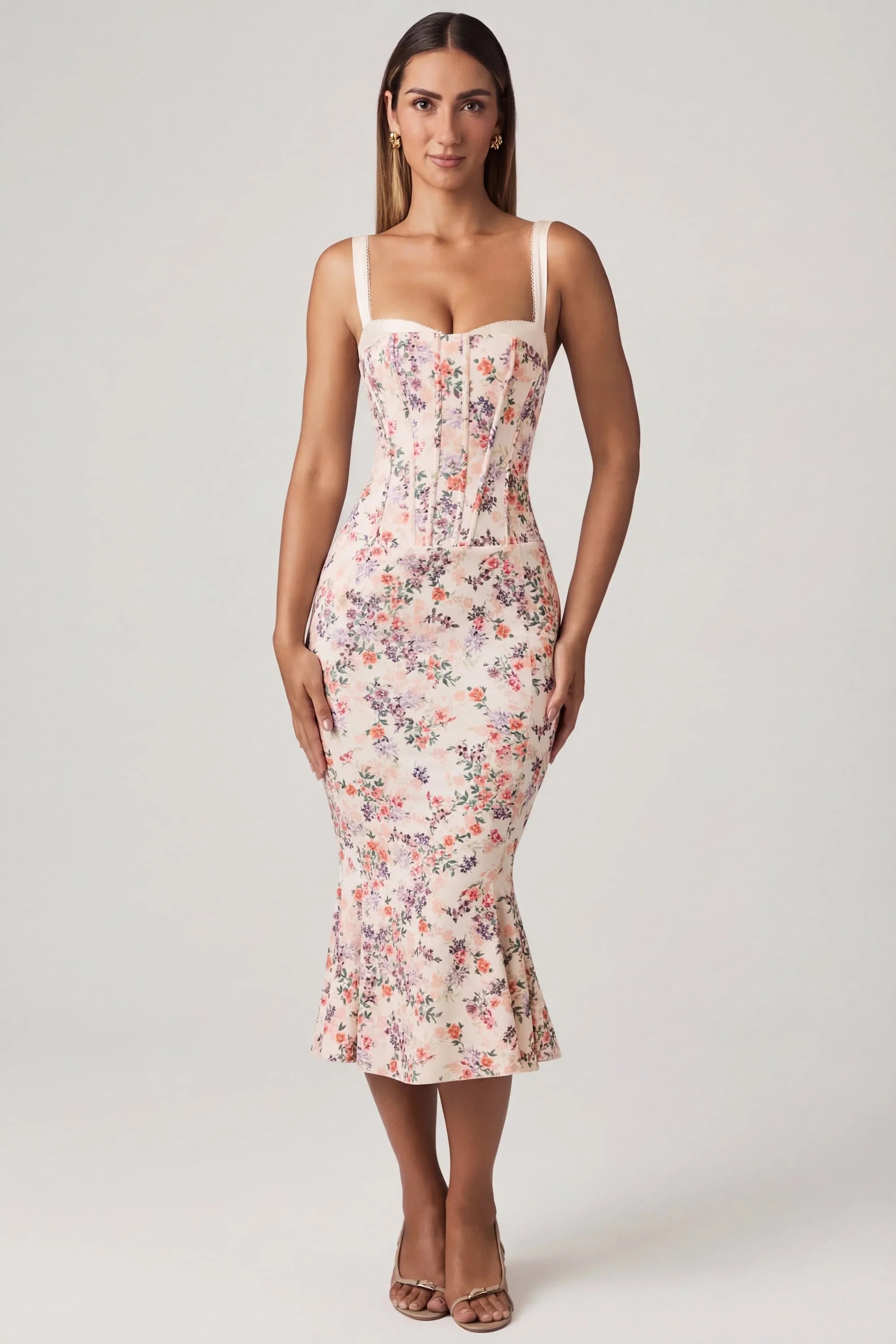 Layered Bra Detail Fishtail Midaxi Dress in Primrose Floral Print