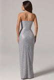 Embellished Bandeau Cowl Waist Maxi Dress in Silver