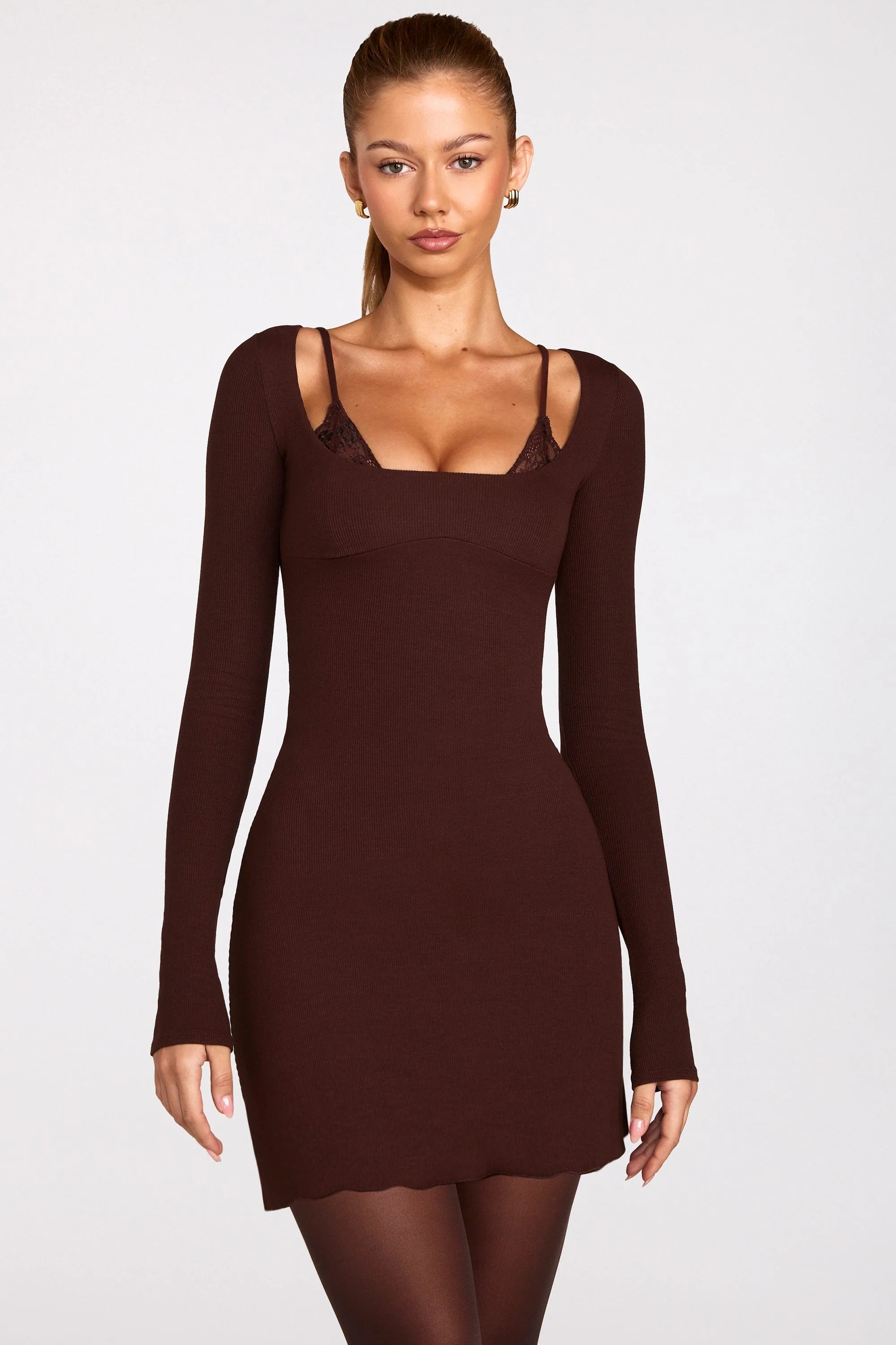 Ribbed Modal Long Sleeve Laced Bra Mini Dress in Chocolate Brown