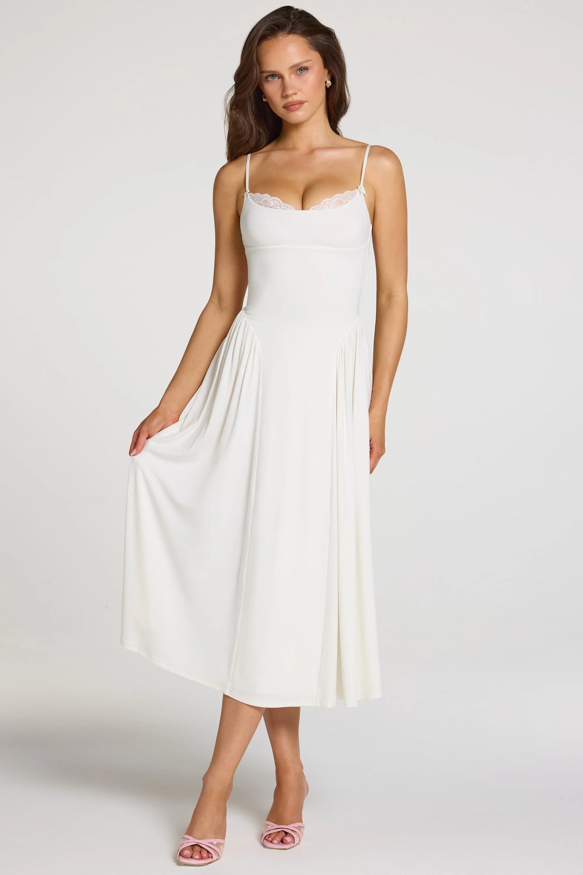 Modal Lace Trim Midaxi Dress in White