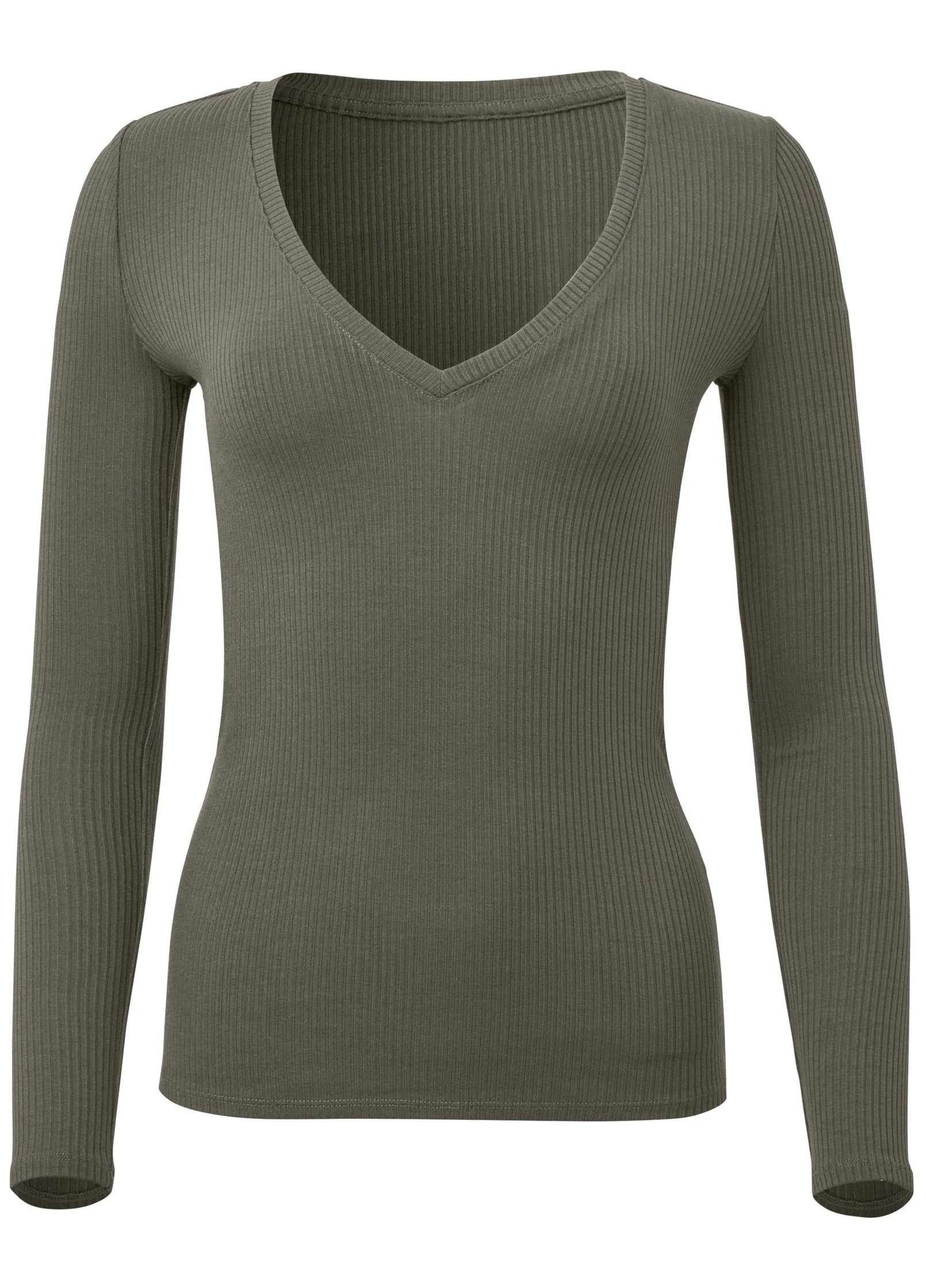 Ribbed Long Sleeve V Neck Olive