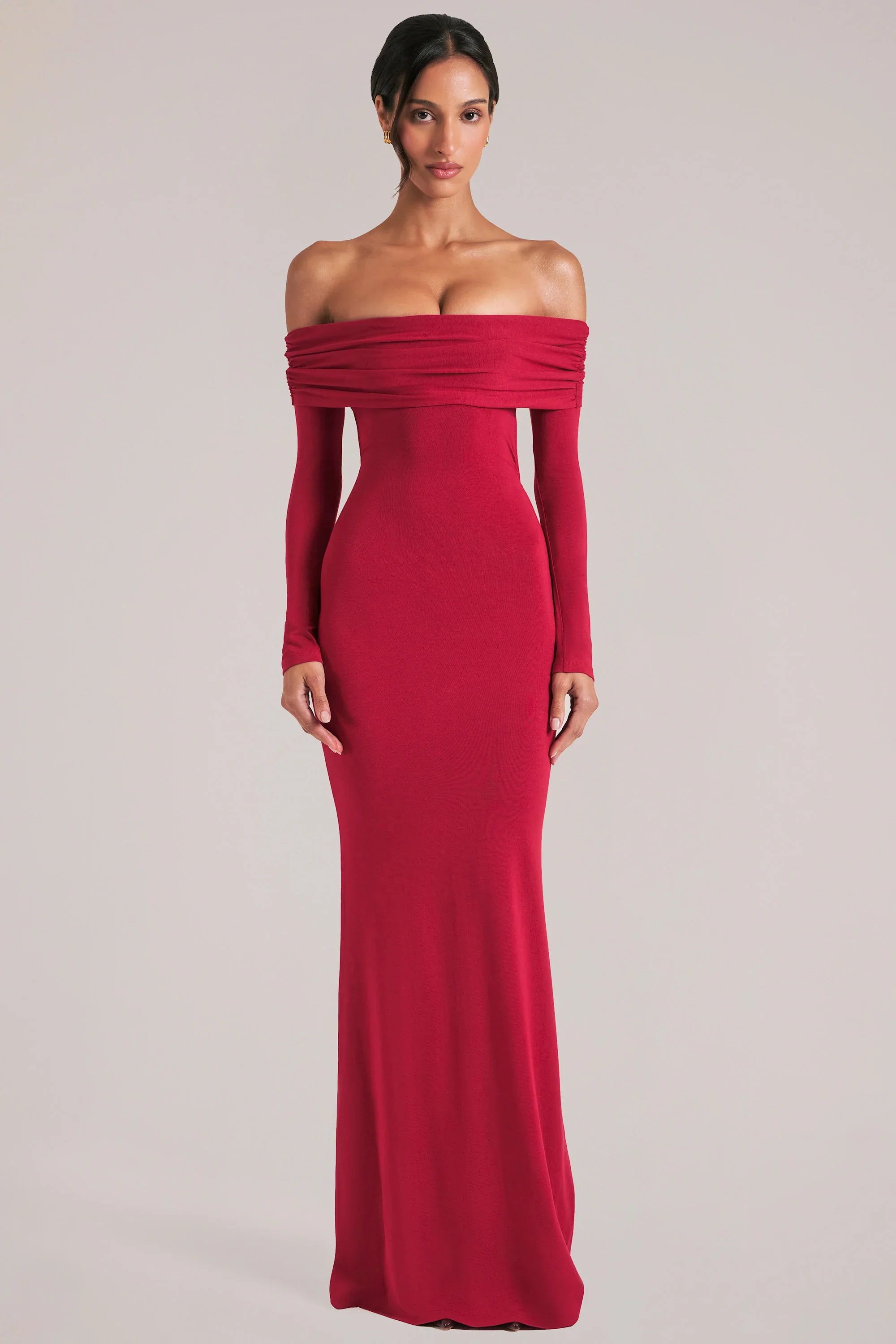 Off Shoulder Long Sleeve Maxi Dress in Cherry Red