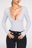 Ribbed Modal Long Sleeve Plunge Bodysuit in Grey