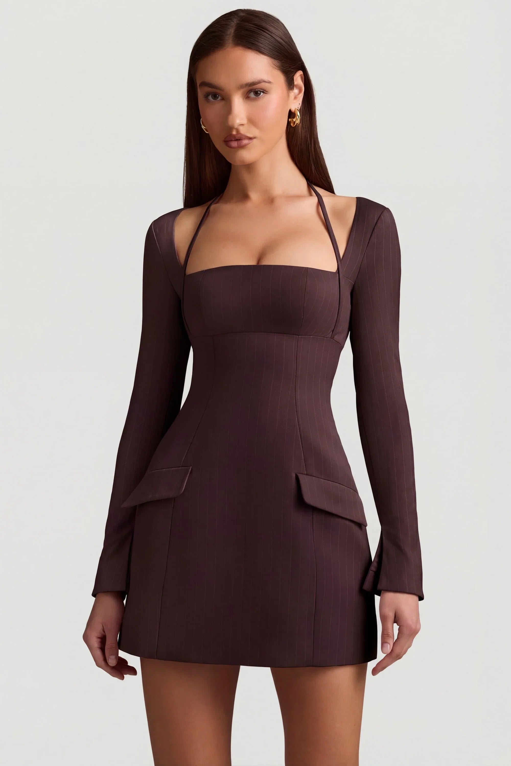 Pinstripe Structured A Line Mini Dress in Chocolate Brown