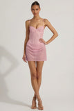Semi Sheer Embellished Draped Corset Mini Dress in Pink