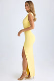 Modal Plunge Neck Thigh Split Maxi Dress in Lemon Sherbet