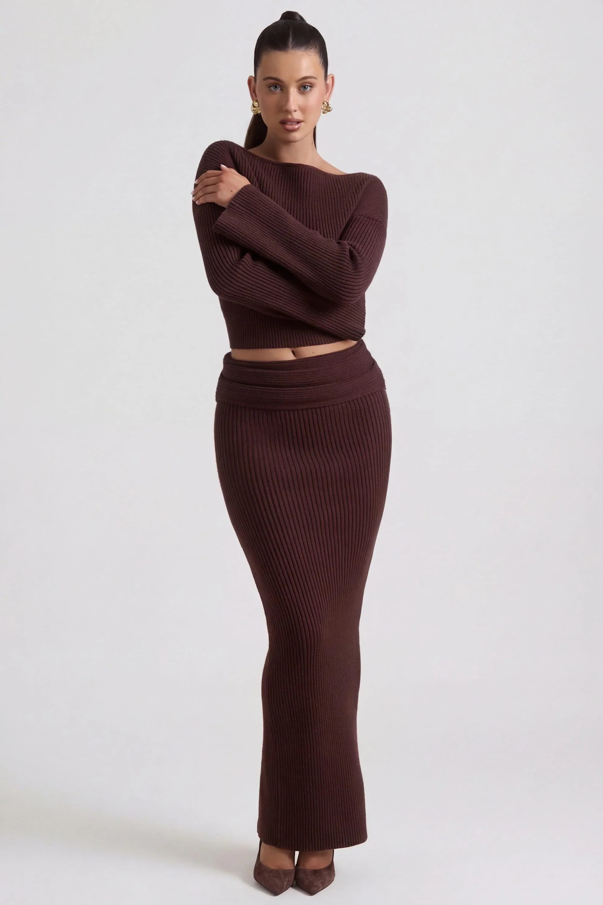 Ribbed Knit Foldover Maxi Skirt in Espresso
