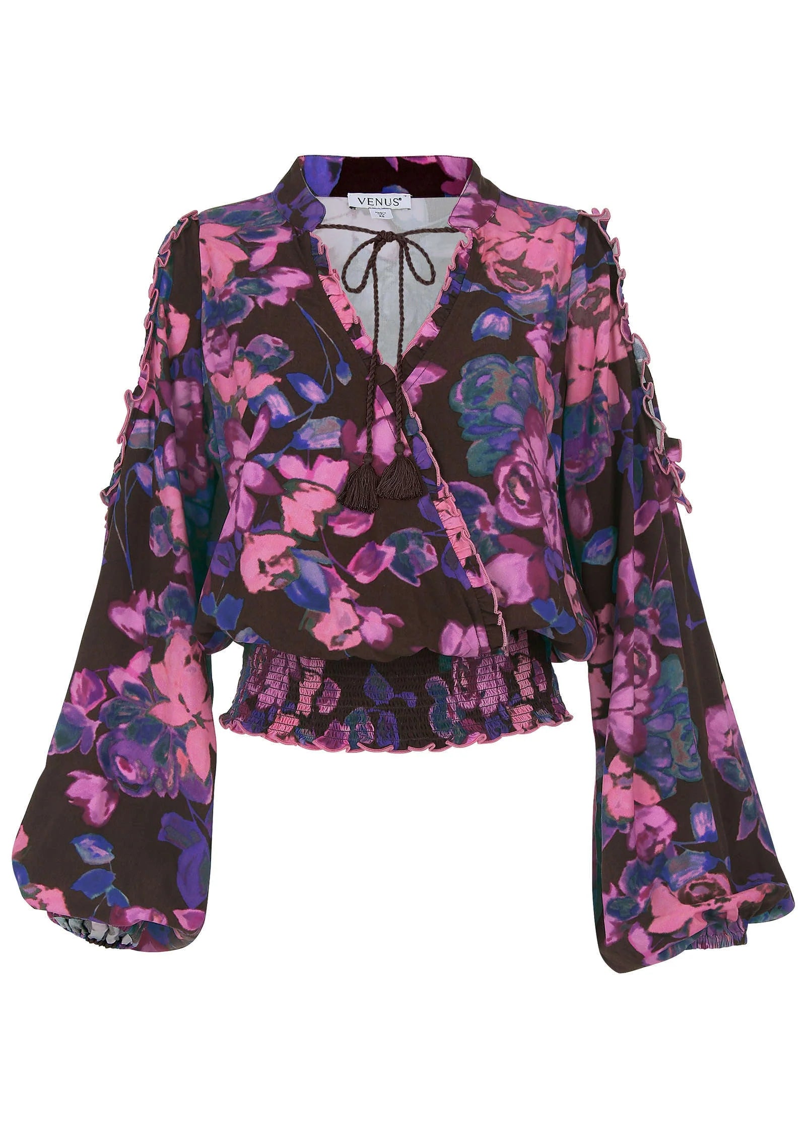 Ruffle Cold Shoulder Blouse Electric Bouquet