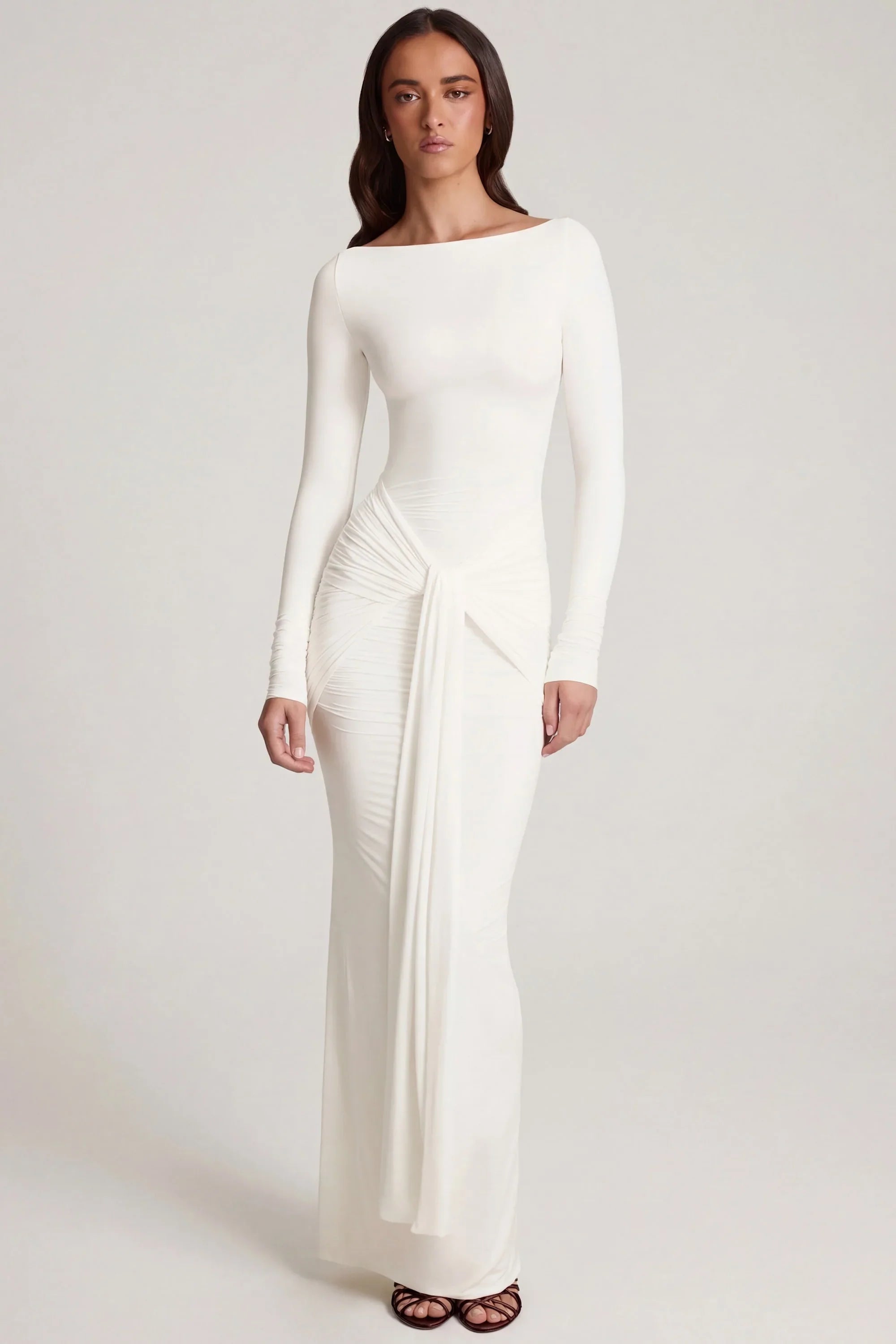 Soft Jersey Boat Neck Tie Gather Maxi Dress in White
