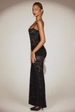 Sheer Lace Square Neck Ruched Gown in Black