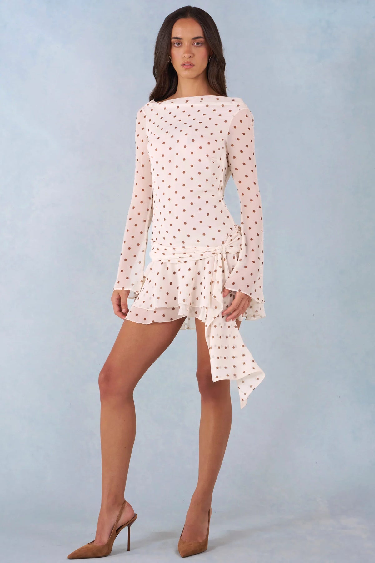 Long Sleeve Open Back Mini Dress in Ivory Polka Dot Print