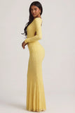 Ruched Backless Lace Maxi Dress in Pastel Yellow