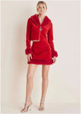 Faux Fur Trim Velvet Coat Haute Red