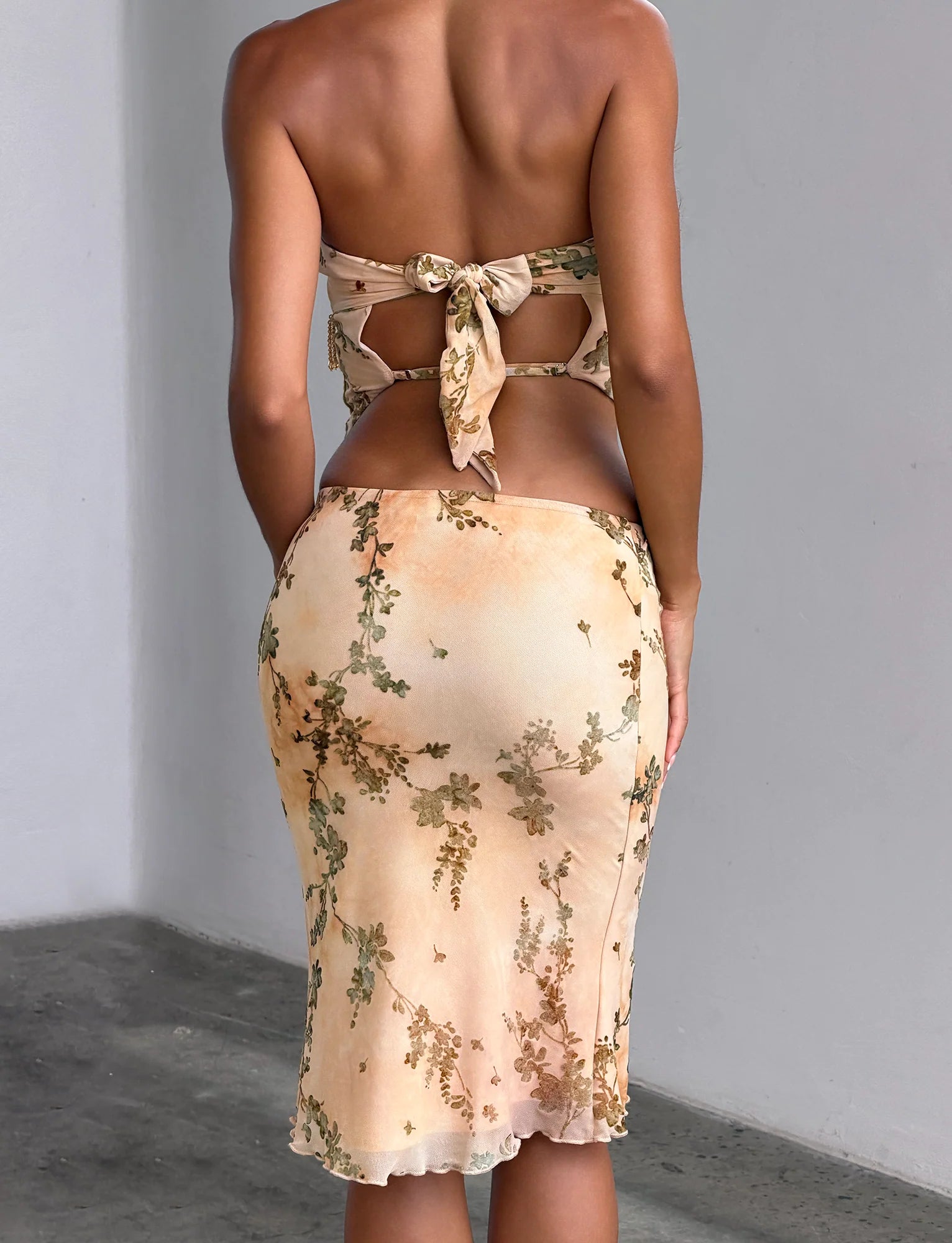 OONA BURN OUT FRINGE SKIRT TAN