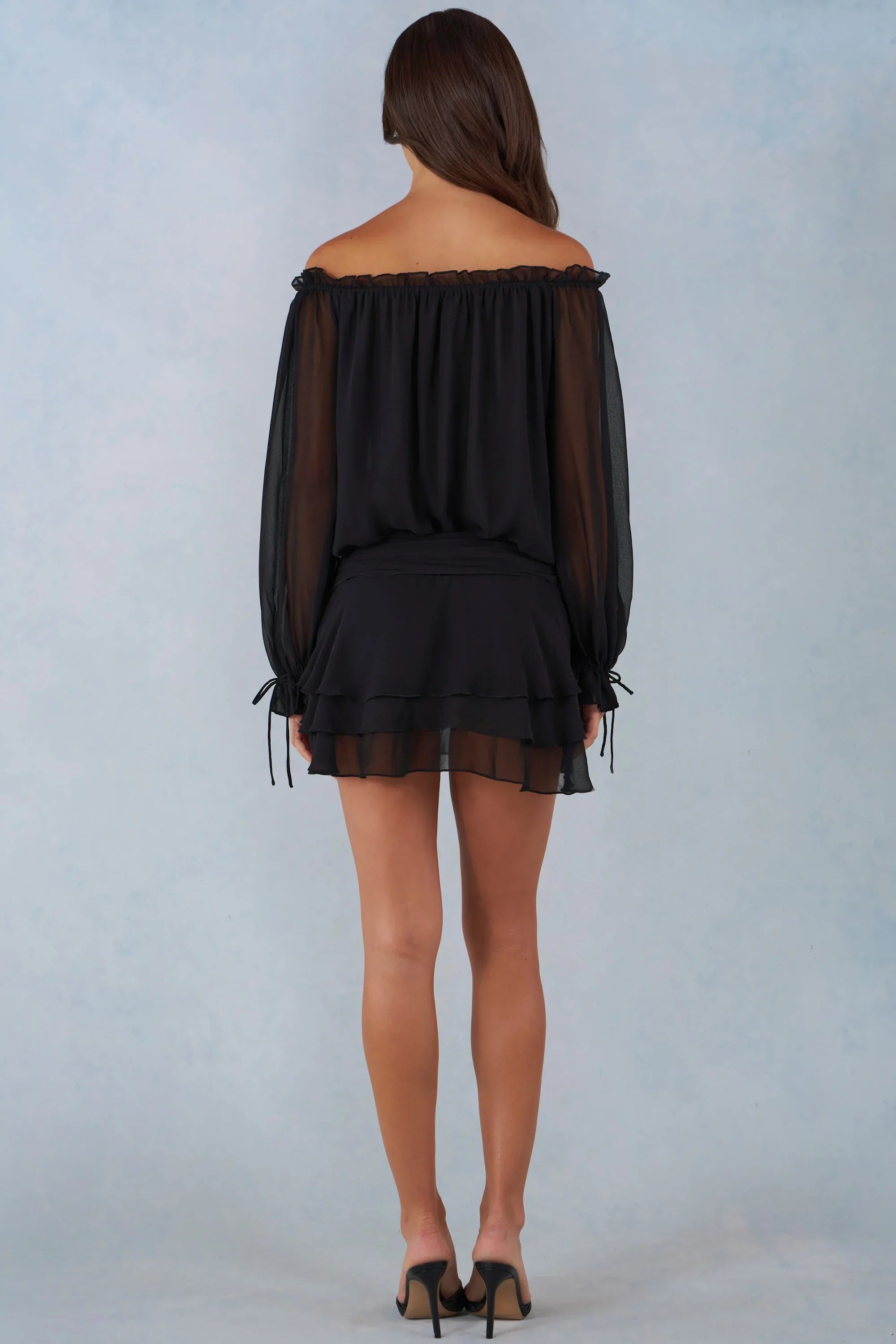Off Shoulder Balloon Sleeve Mini Dress in Black