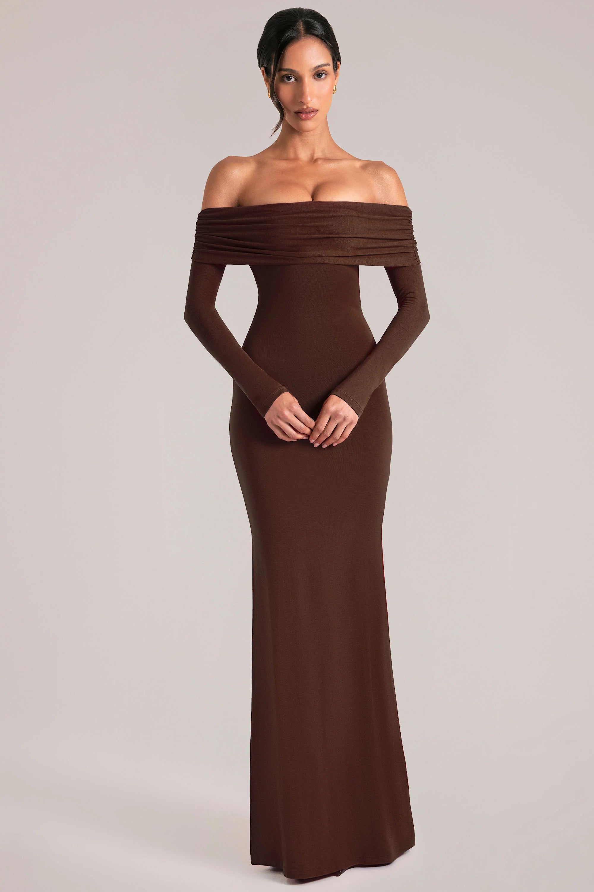 Off Shoulder Long Sleeve Maxi Dress in Chocolate Brown