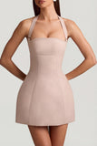 Pinstripe Halterneck Structured A Line Mini Dress in Mushroom