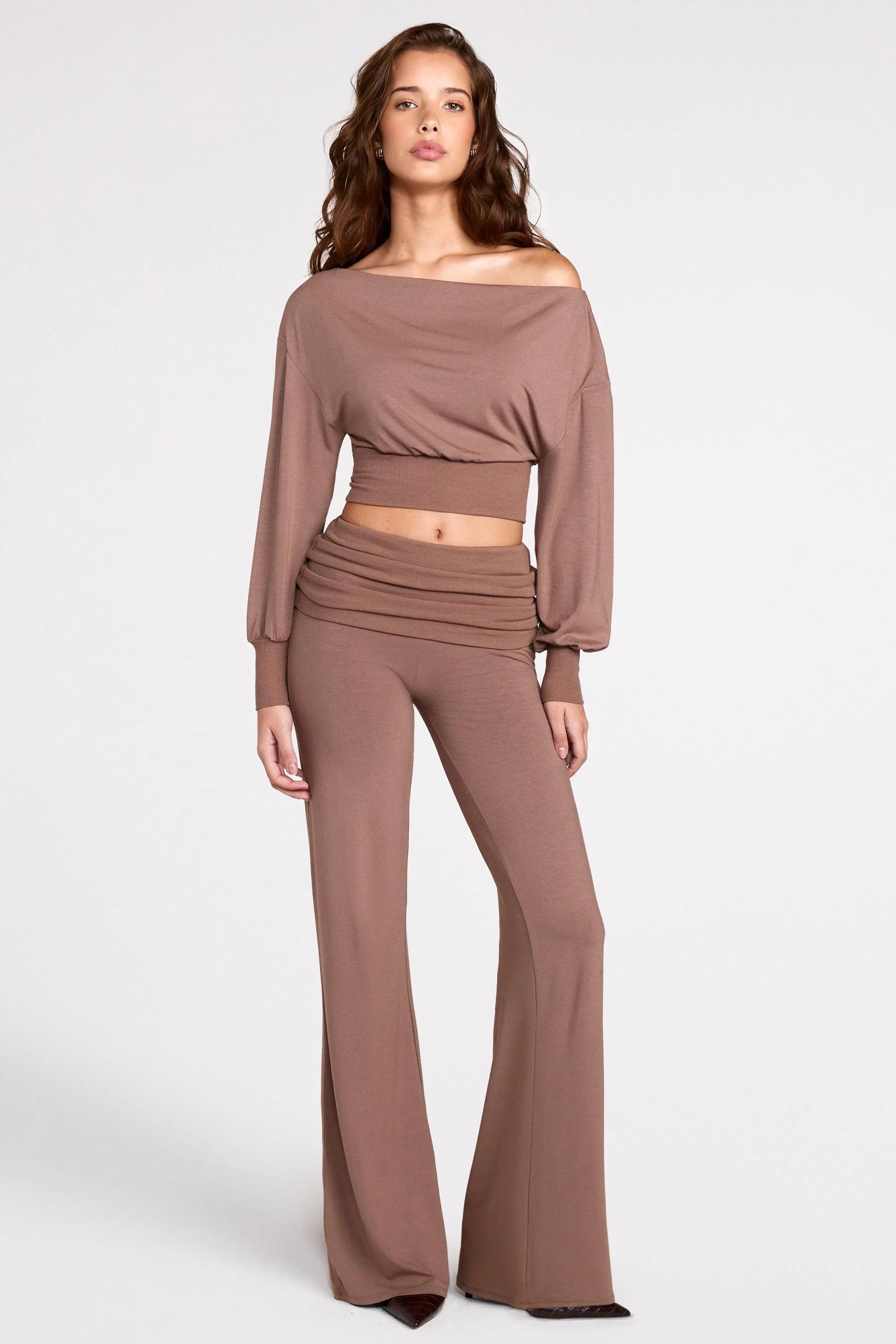Modal Off Shoulder Long Sleeve Top in Mocha