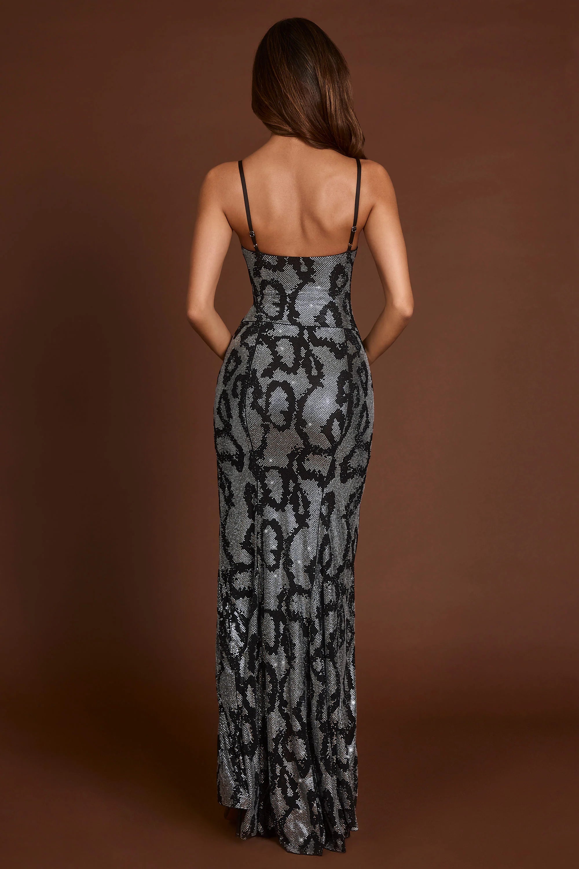 Embellished Peekaboo Cowl Neck Dress in Silver Snake