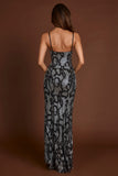 Embellished Peekaboo Cowl Neck Dress in Silver Snake