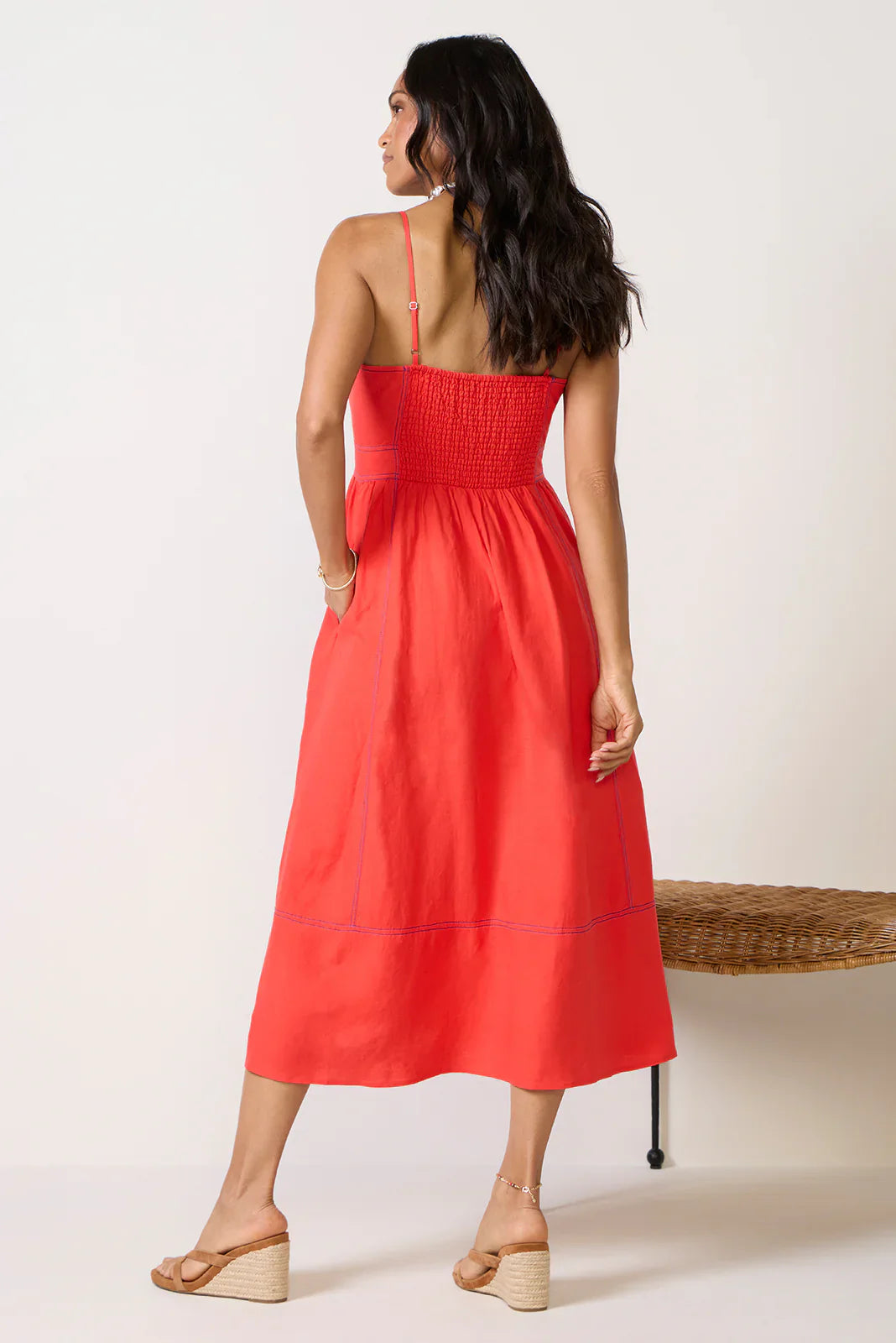 Jill Contrast Stitch Linen Midi Dress
