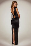 Satin Boat Neck Twist Back Maxi Dress in Black