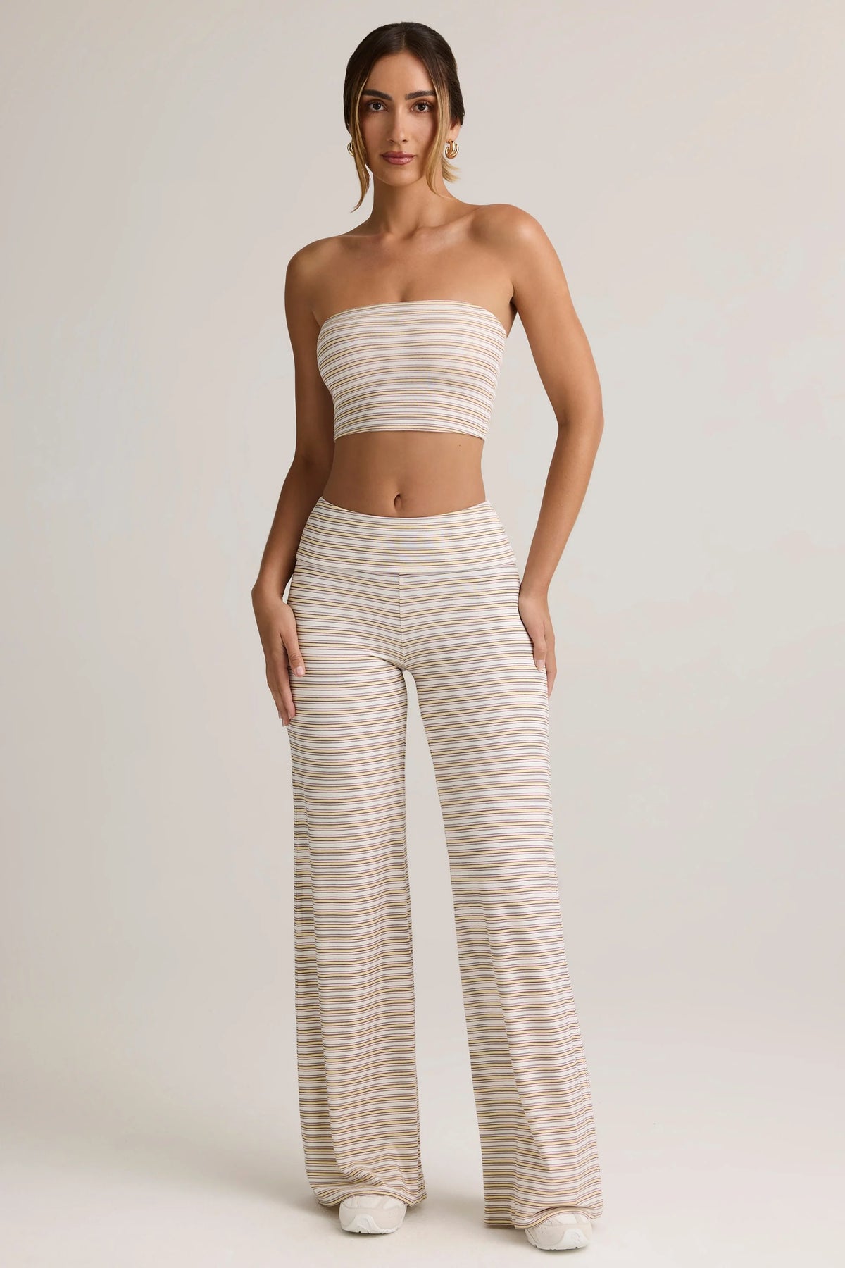 Modal Foldover Wide Leg Trousers in Pink Yellow Stripe