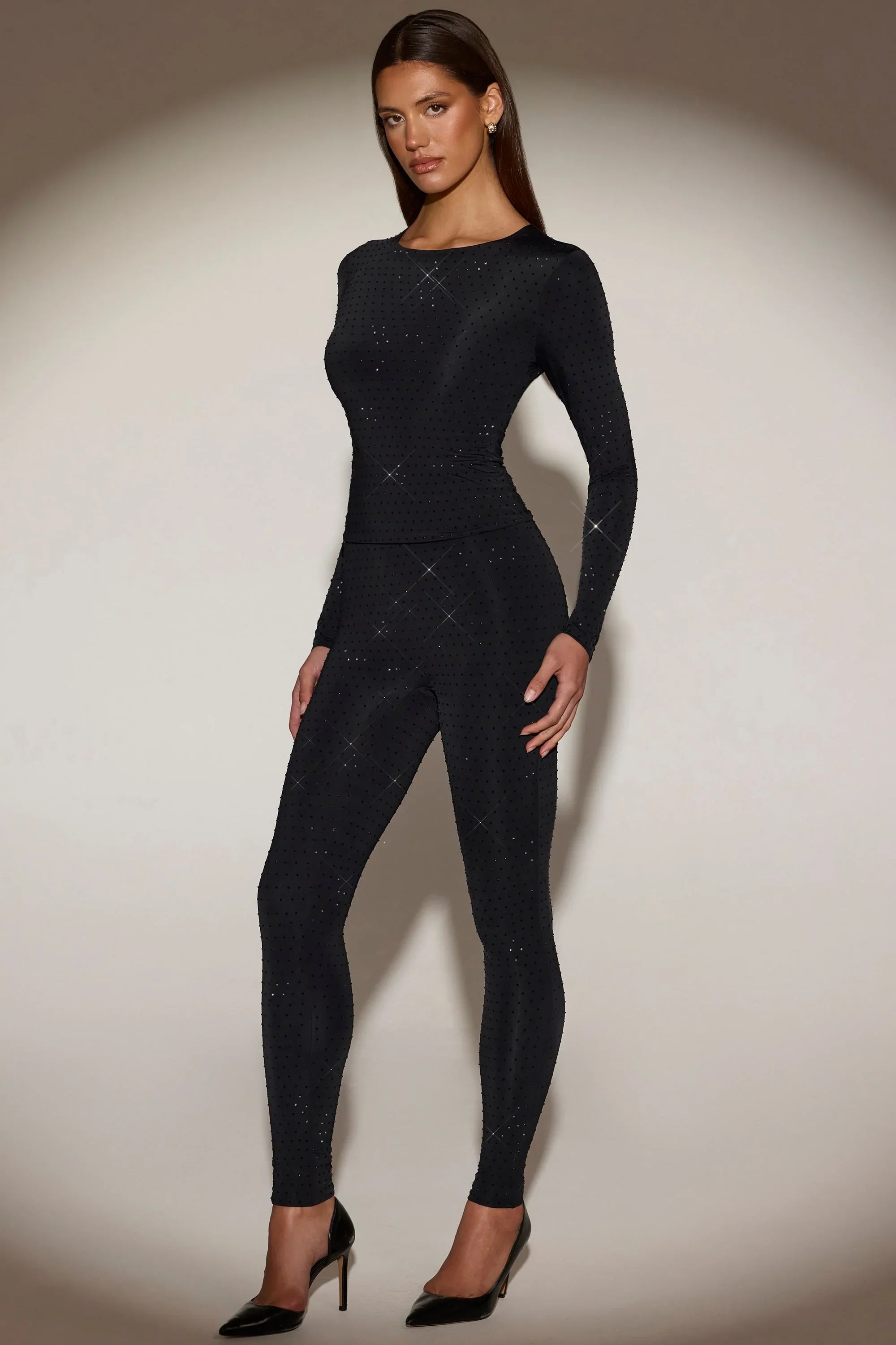 Embellished Crew Neck Long Sleeve Top in Black