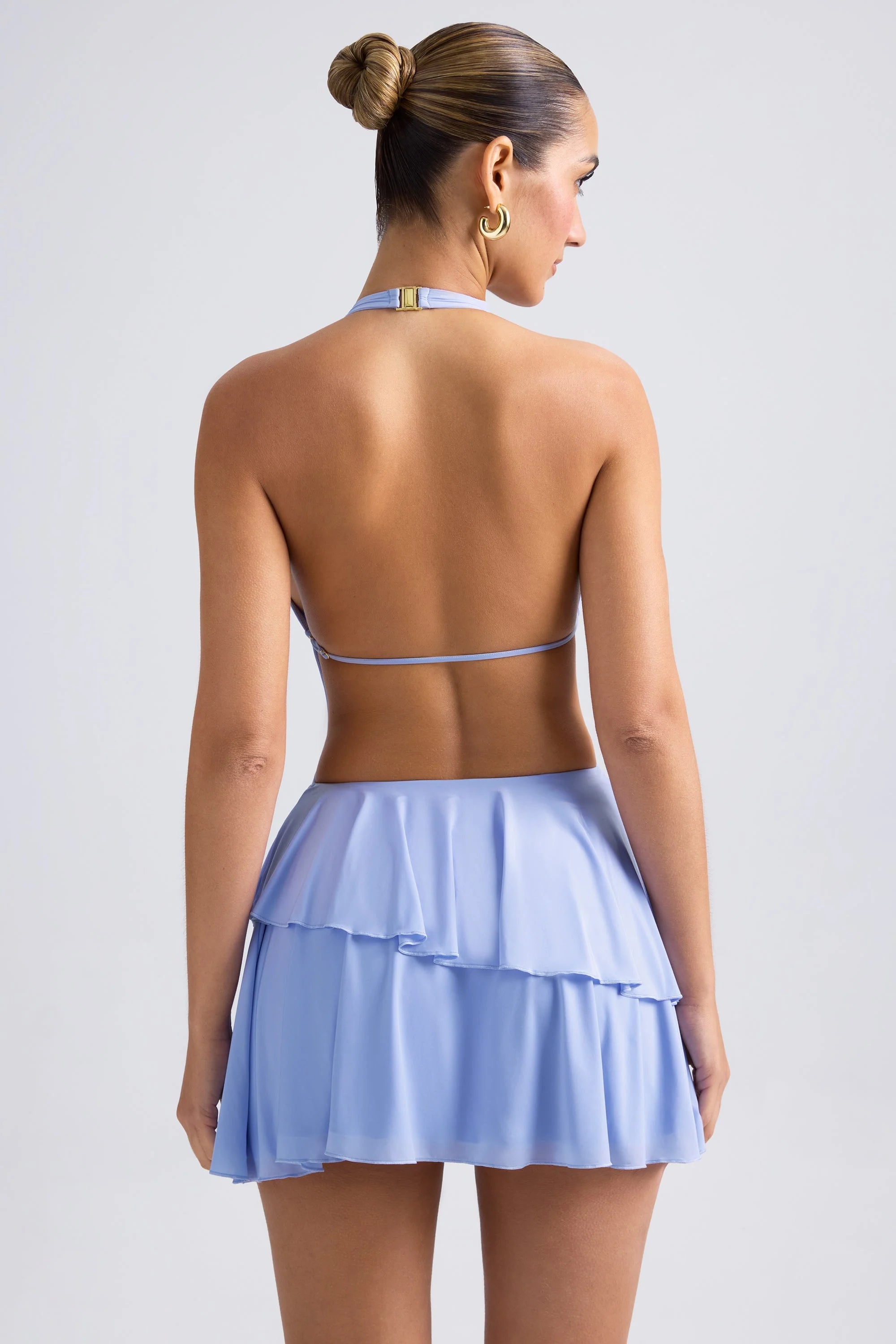 Ruffled Cut Out Halterneck Mini Dress in Periwinkle Blue