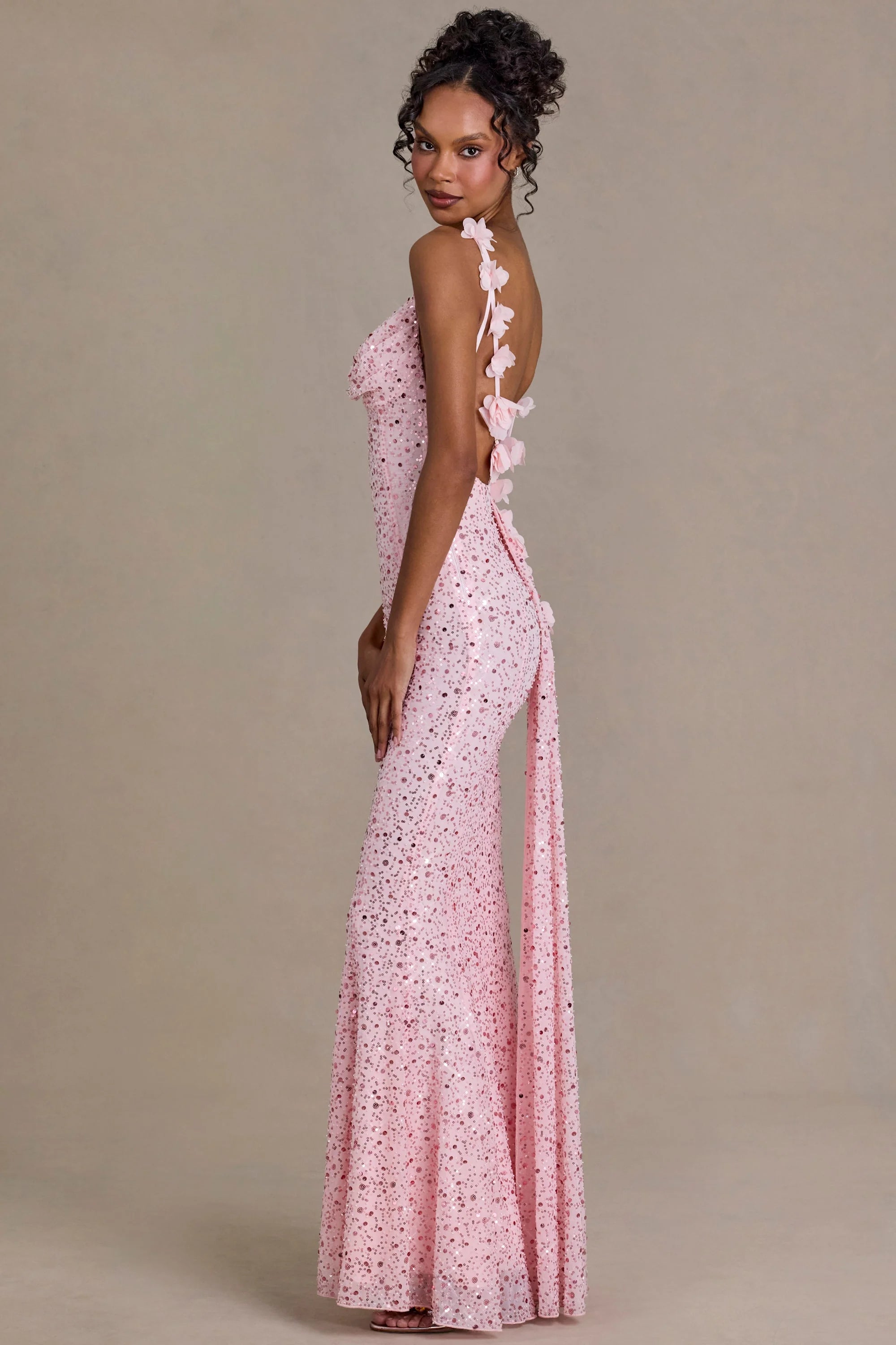 Embellished Open Back Maxi Dress in Baby Pink