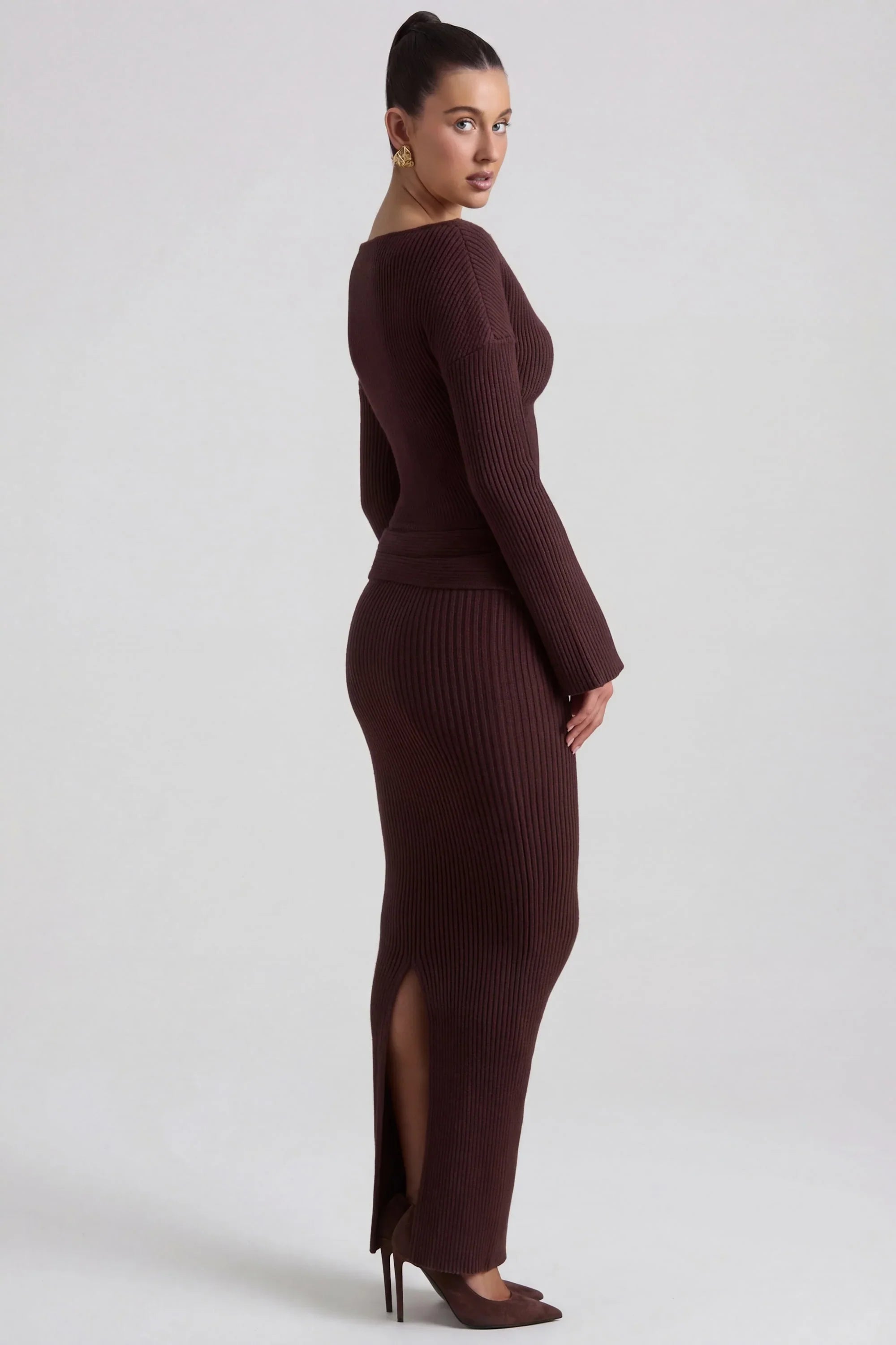 Ribbed Knit Foldover Maxi Skirt in Espresso