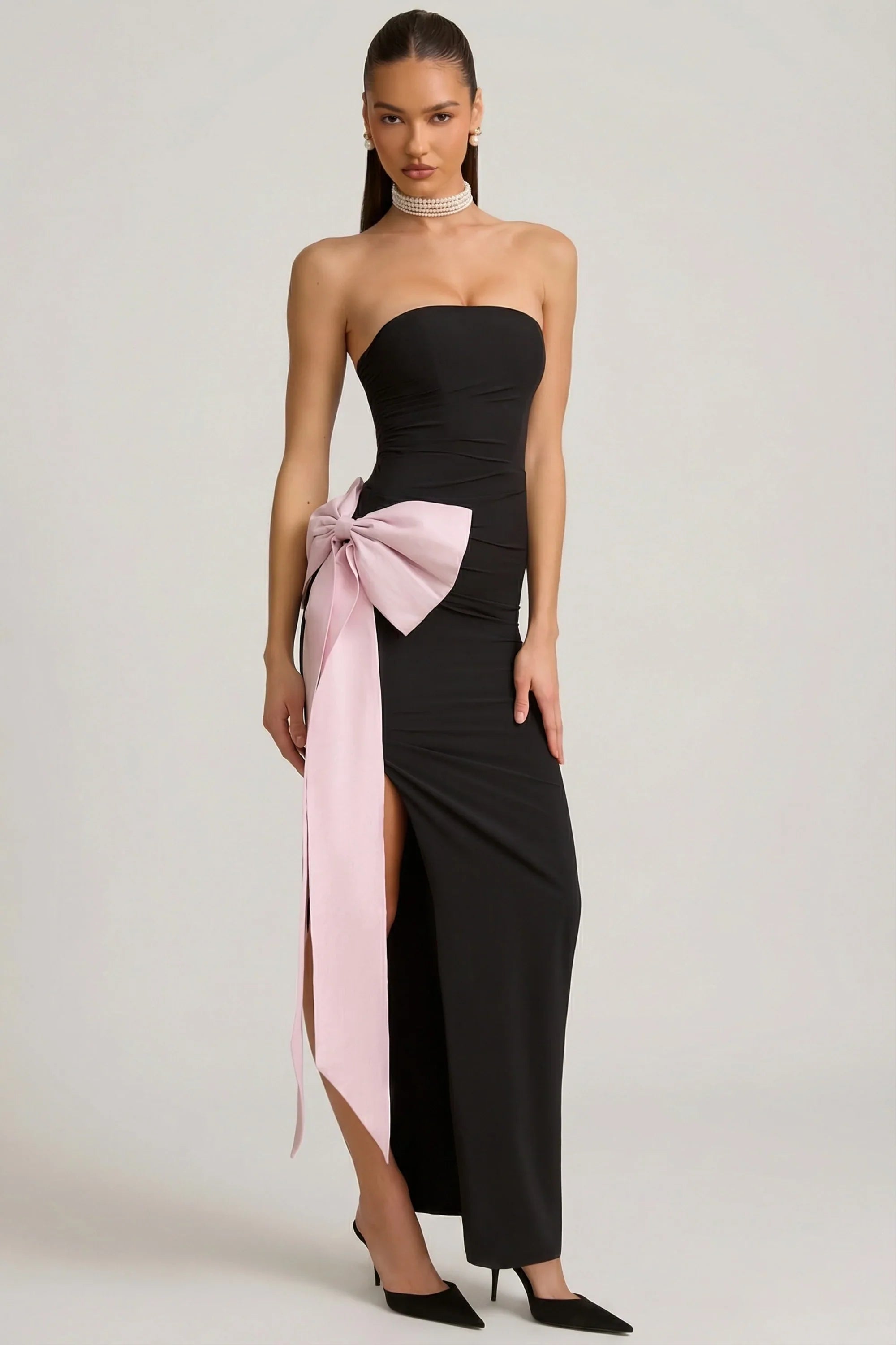 Strapless Bow Detail Maxi Dress in Black