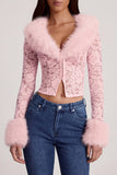 Sheer Lace Faux Fur Trim Cardigan in Pink