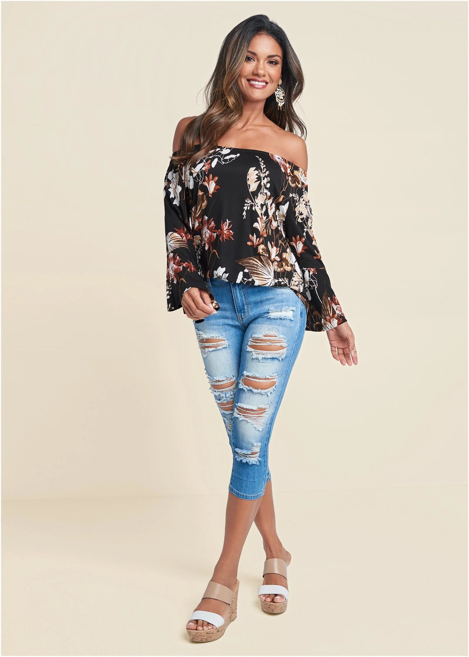 Bell Sleeve Printed Top Black Multi