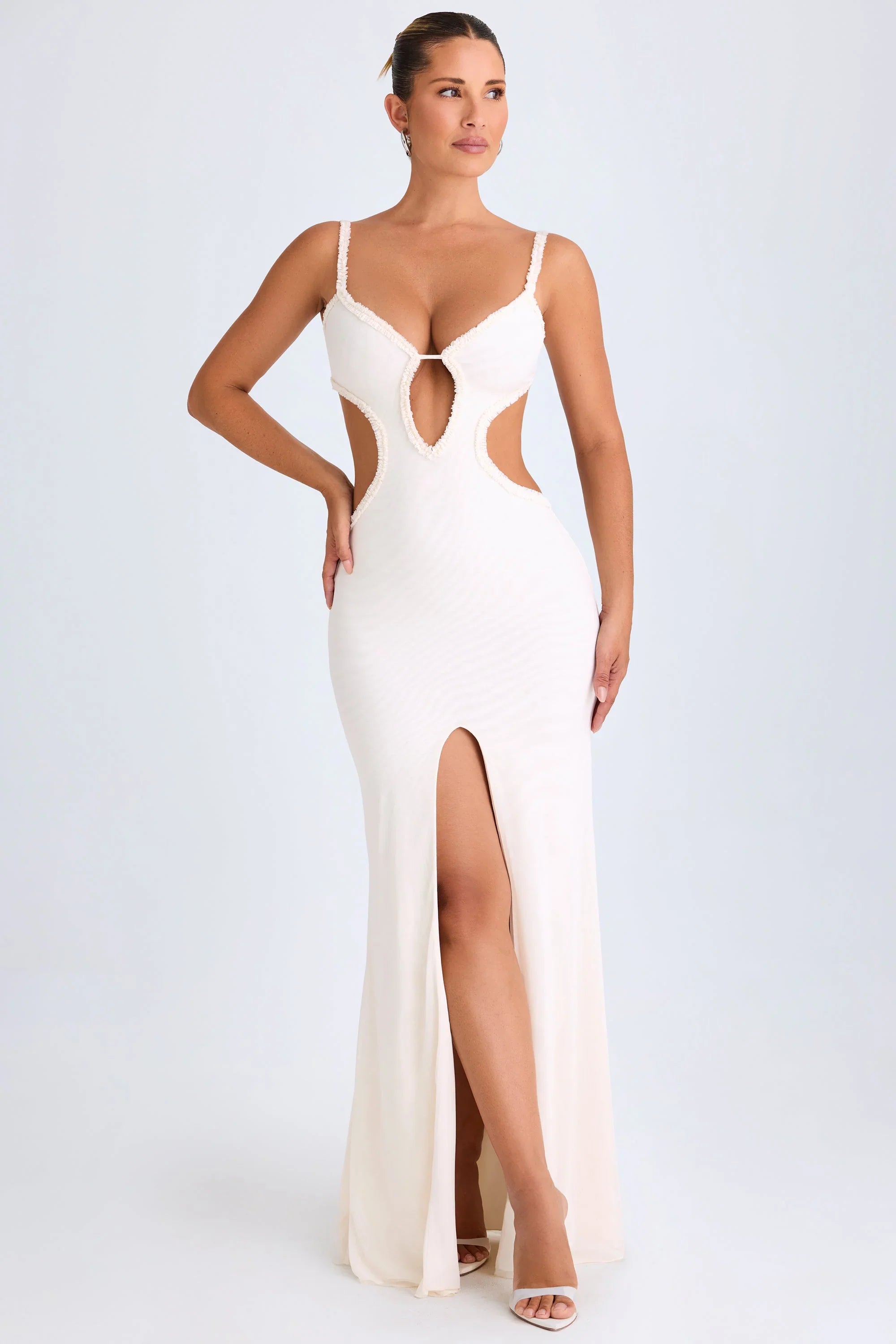 Ruffle Appliqué Cut Out Maxi Dress in White