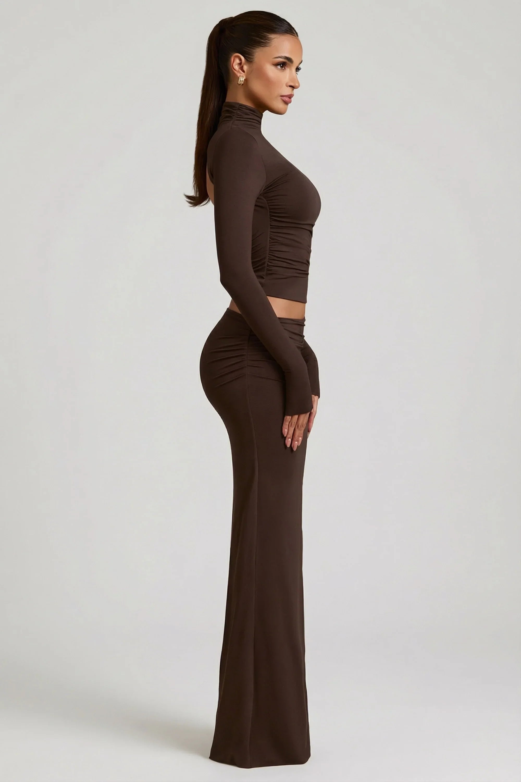 Modal Asymmetric Waist Maxi Skirt in Chocolate Brown