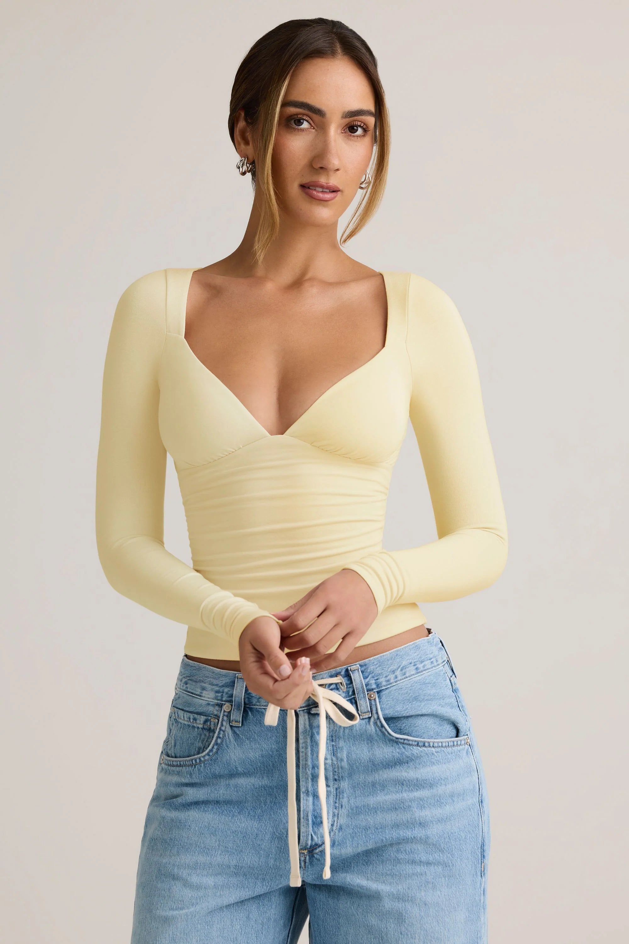 Modal Ruched Long Sleeve Top in Buttercream Yellow