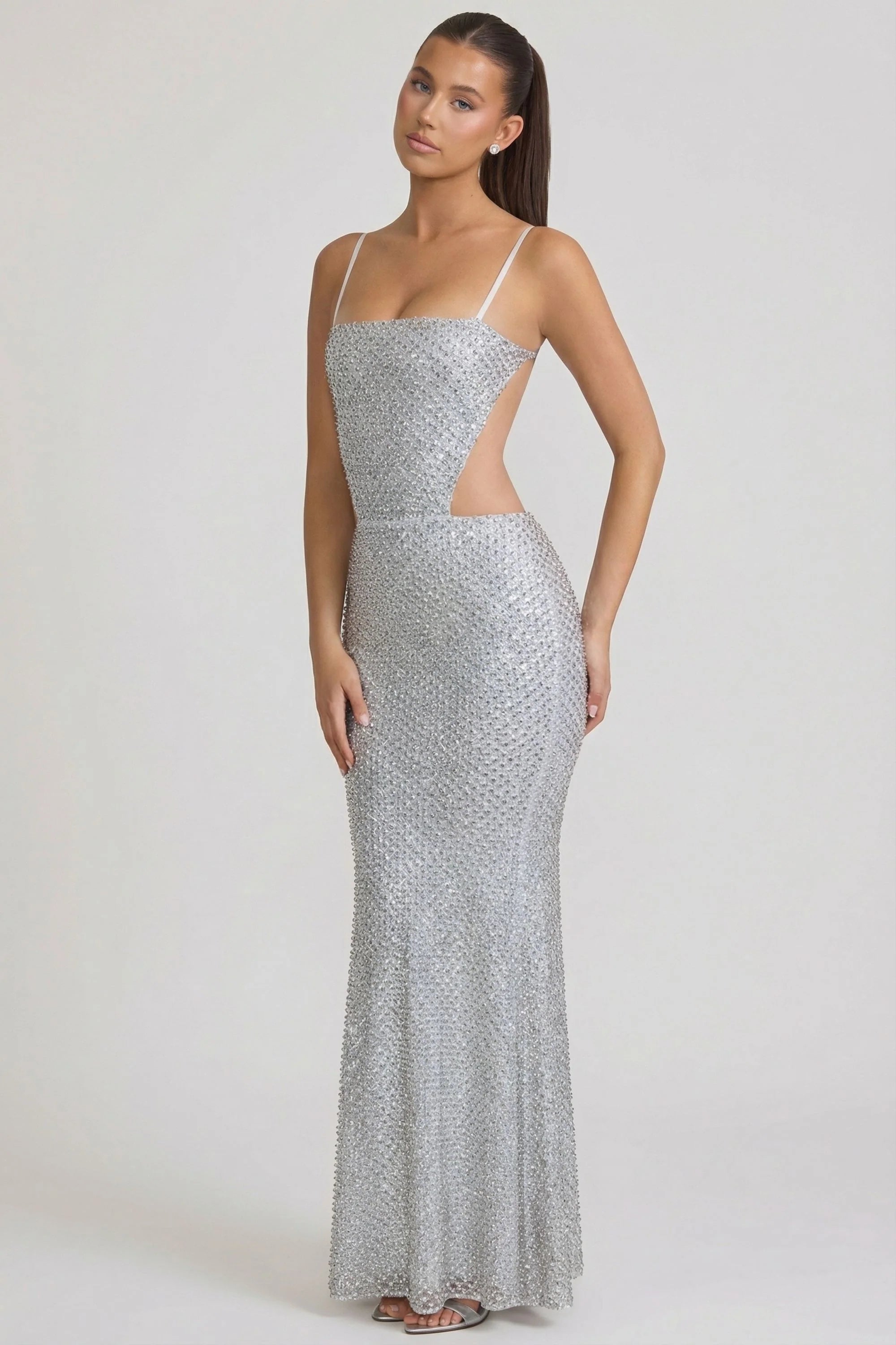 Embellished Cut Out Gown in Silver