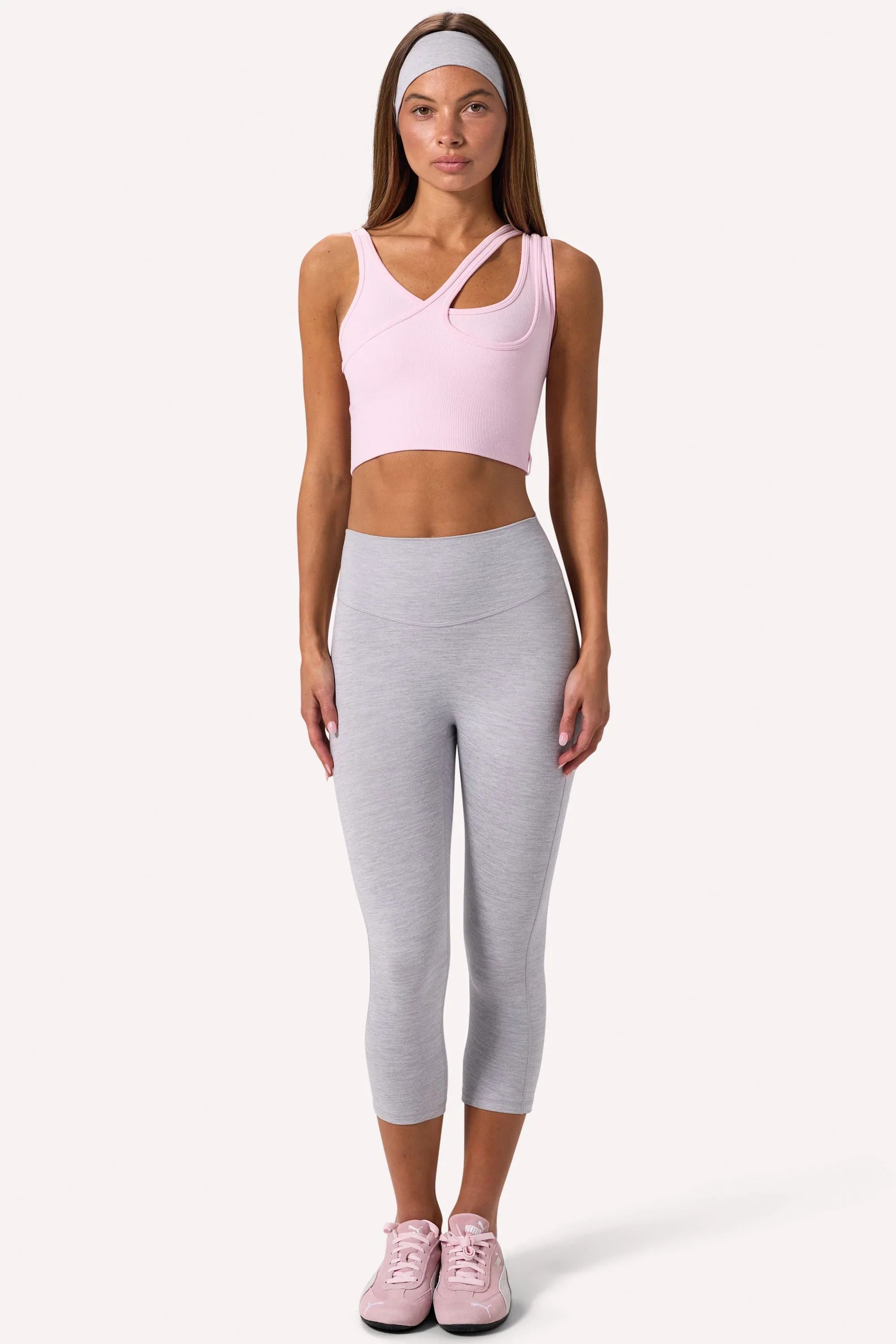 Seamless Soft Rib Asymmetric Sports Bra in Powder Pink