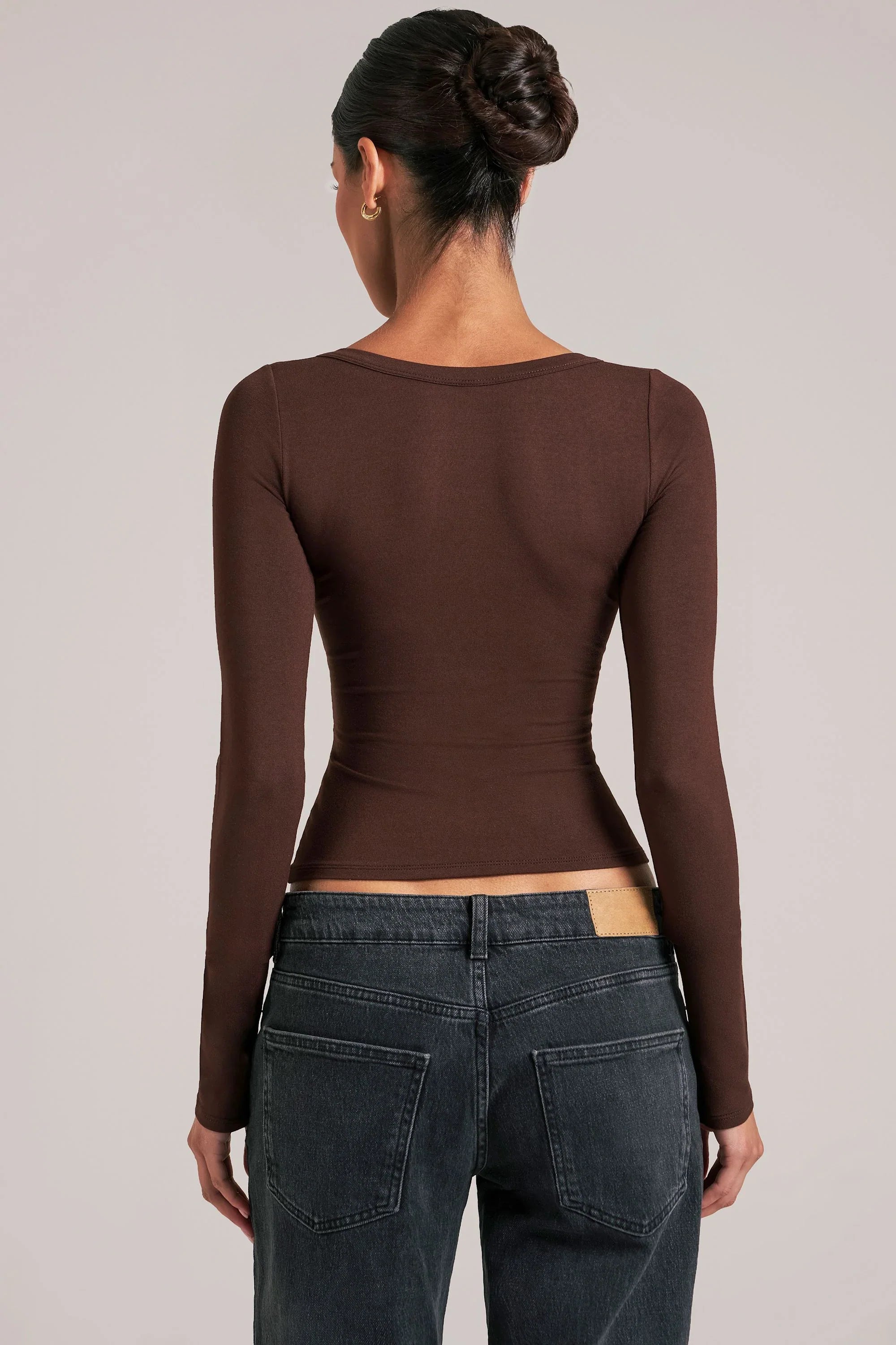 V Neck Long Sleeve Top in Chocolate Brown