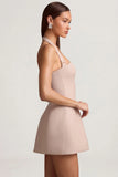 Pinstripe Halterneck Structured A Line Mini Dress in Mushroom