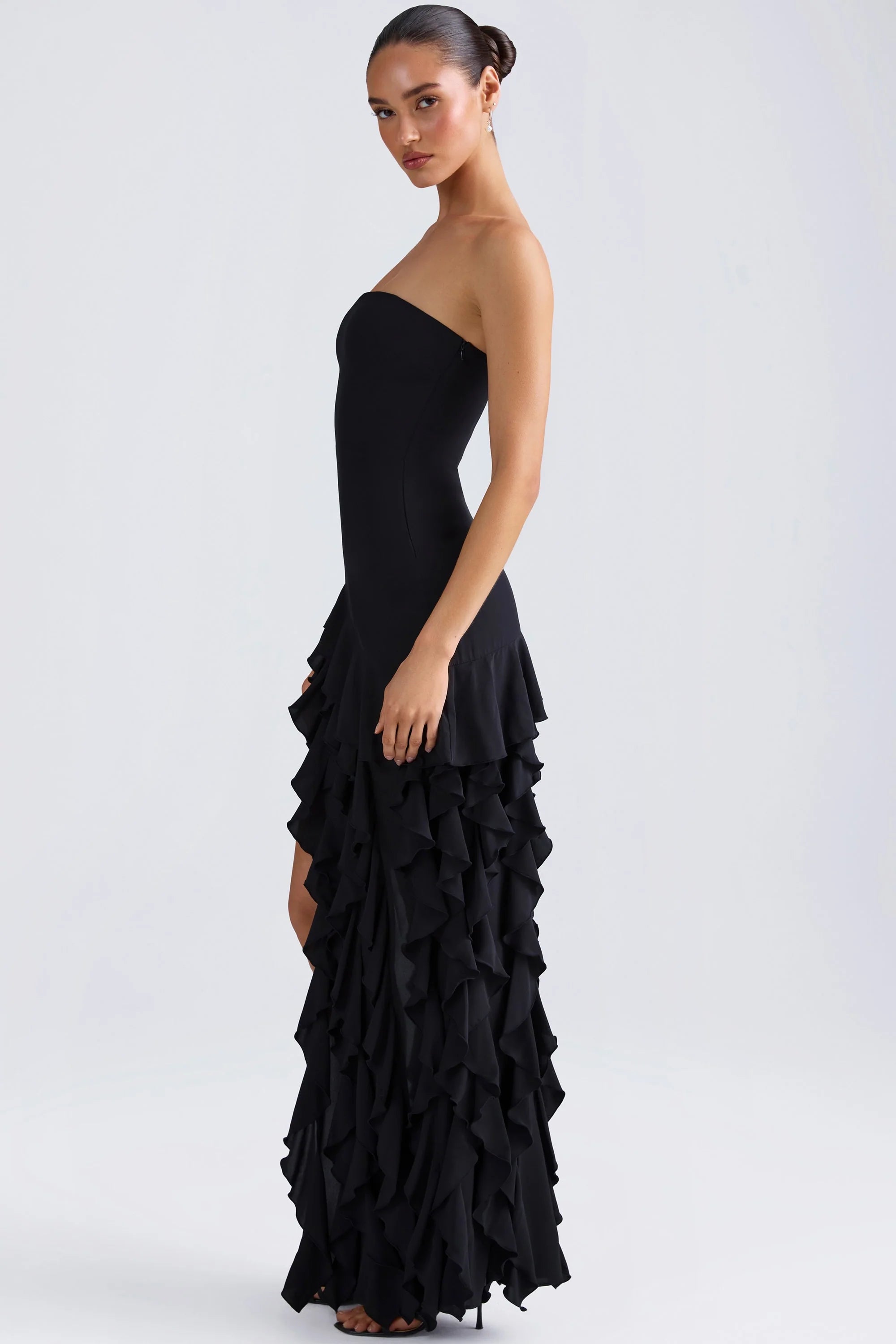 Ruffle Trim Strapless Gown in Black