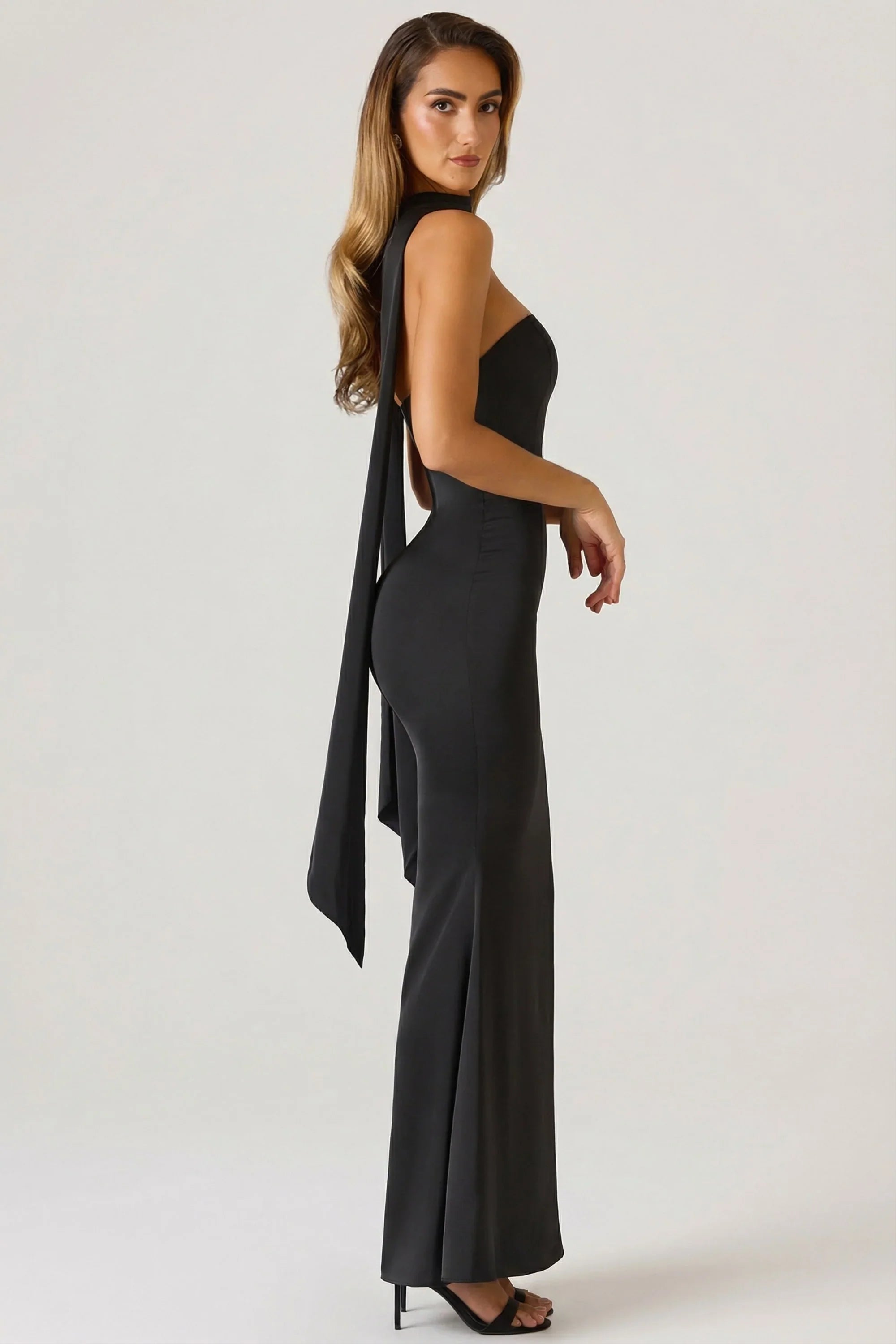Scarf Detail Strapless Gown in Black