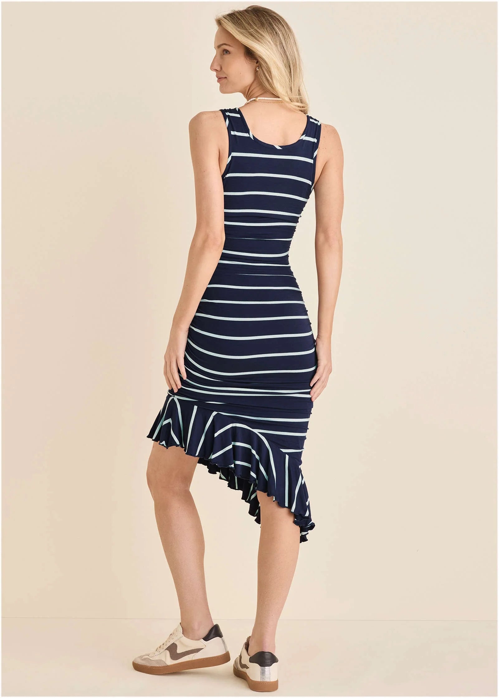 Ruffle Hem High Low Dress Navy White