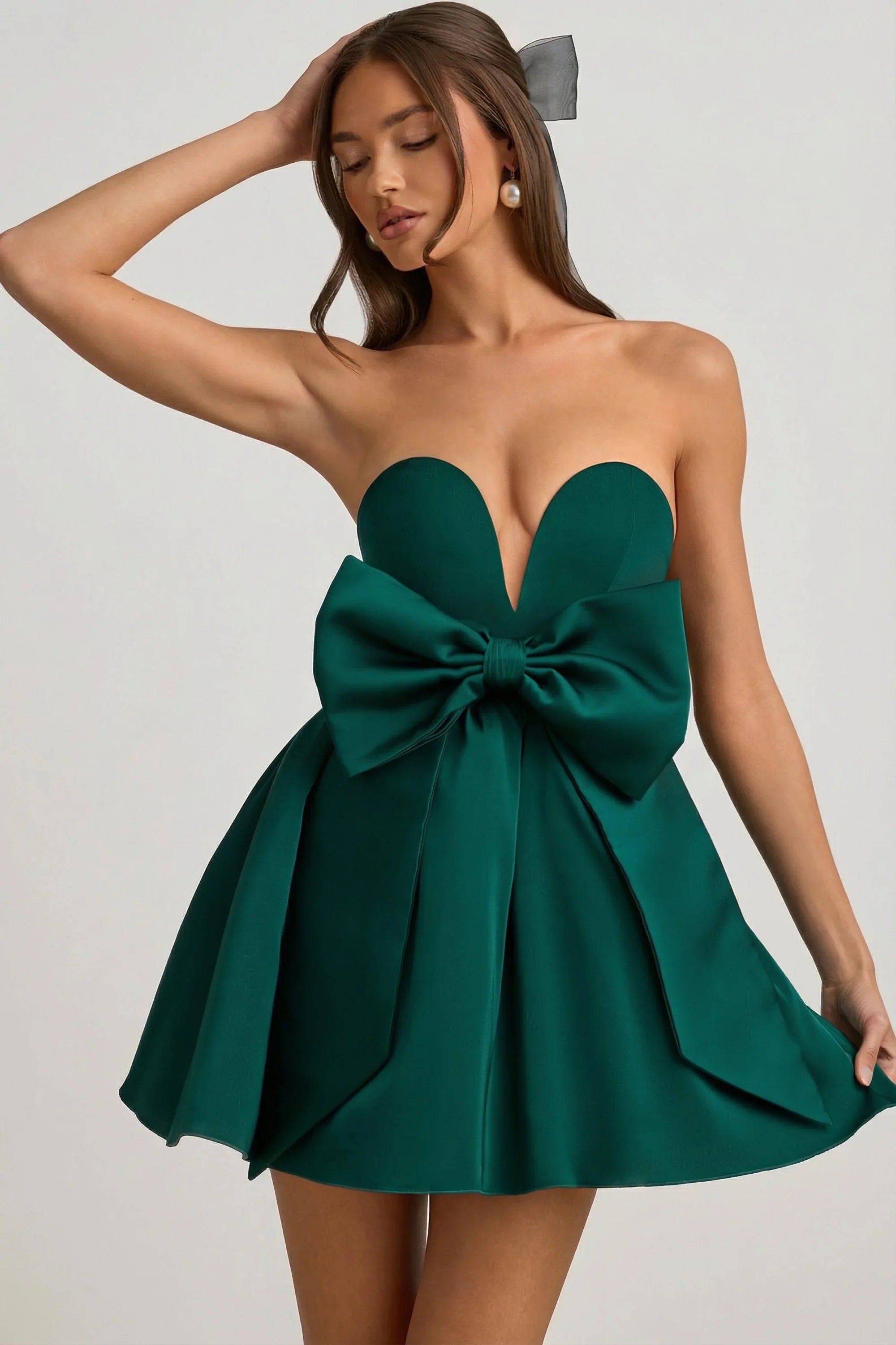 Bow Detail Corset Mini Dress in Emerald Green