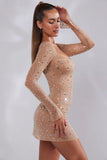 Sheer Embellished Long Sleeve A Line Mini Dress in Almond