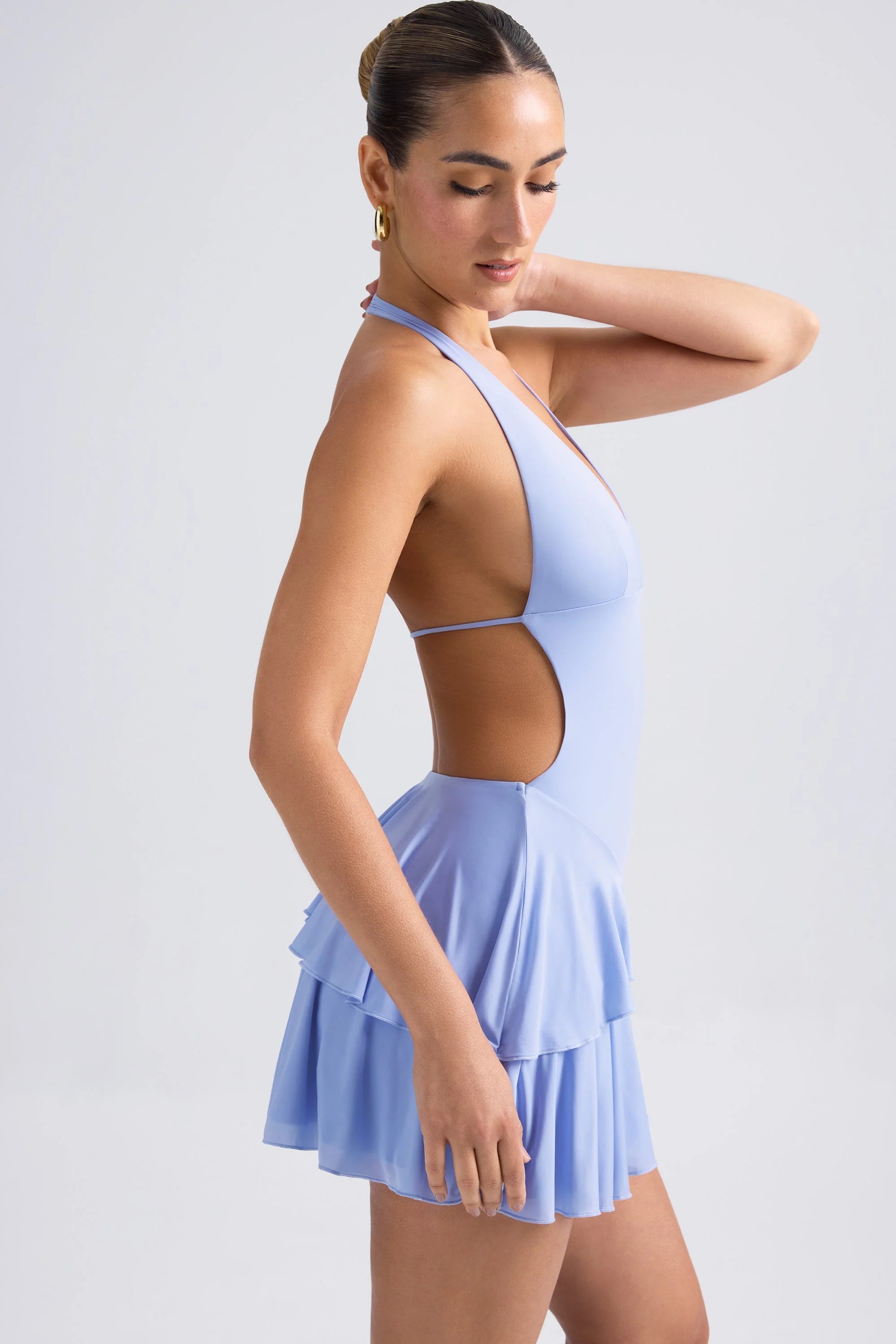 Ruffled Cut Out Halterneck Mini Dress in Periwinkle Blue